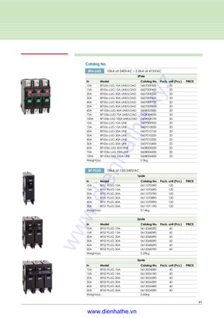 In Model Catalog No. Pack. unit (Pcs.) PRICE
10A BF51 PLUG 10A 06110705R0 120
15A BF51 PLUG 15A 06110706R0 120
20A BF51 PLUG 20A 06110707R0 120
30A BF51 PLUG 30A 06110708R0 120
40A BF51 PLUG 40A 06110709R0 120
50A BF51 PLUG 50A 06110711R0 120
Weight/pc 0.14kg
41
3Pole
Catalog No.
In Model Catalog No. Pack. unit (Pcs.) PRICE
10A BF53a LUG 10A LINE/LOAD 0607009300 20
15A BF53a LUG 15A LINE/LOAD 0607009400 20
20A BF53a LUG 20A LINE/LOAD 0607009500 20
30A BF53a LUG 30A LINE/LOAD 0607009600 20
40A BF53a LUG 40A LINE/LOAD 0607009700 20
50A BF53a LUG 50A LINE/LOAD 0607009800 20
60A BF103a LUG 60A LINE/LOAD 0608003900 20
75A BF103a LUG 75A LINE/LOAD 0608004000 20
100A BF103a LUG 100A LINE/LOAD 0608004100 20
10A BF53a LUG 10A LINE 0607009900 20
15A BF53a LUG 15A LINE 0607010000 20
20A BF53a LUG 20A LINE 0607010100 20
30A BF53a LUG 30A LINE 0607010200 20
40A BF53a LUG 40A LINE 0607010300 20
50A BF53a LUG 50A LINE 0607010400 20
60A BF103a LUG 60A LINE 0608004200 20
75A BF103a LUG 75A LINE 0608004300 20
100A BF103a LUG 100A LINE 0608004400 20
Weight/pc 0.5kg
BFa-LUG 10kA at 240VAC / 2.5kA at 415VAC
1pole
In Model Catalog No. Pack. unit (Pcs.) PRICE
10A BF52 PLUG 10A 06120682R0 60
15A BF52 PLUG 15A 06120683R0 60
20A BF52 PLUG 20A 06120684R0 60
30A BF52 PLUG 30A 06120685R0 60
40A BF52 PLUG 40A 06120686R0 60
50A BF52 PLUG 50A 06120687R0 60
Weight/pc 0.29kg
2pole
In Model Catalog No. Pack. unit (Pcs.) PRICE
10A BF53 PLUG 10A 06130240R0 40
15A BF53 PLUG 15A 06130241R0 40
20A BF53 PLUG 20A 06130242R0 40
30A BF53 PLUG 30A 06130243R0 40
40A BF53 PLUG 40A 06130244R0 40
50A BF53 PLUG 50A 06130245R0 40
Weight/pc 0.43kg
3pole
10kA at 120/240VACBF-PLUG
www.dienhathe.xyz
www.dienhathe.vn
 