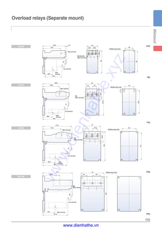 103
Overload relays (Separate mount)
[mm][mm]
95
33.524.1
M4(Mounting hole)
140
85
93
35
45
11.8 14.3
25.5
M4(Mounting hole)
107.5
55
14 18
42.2
M4/M5(34A)
M6
40
M4(Mounting hole)
94.5
5
120
70
17 22.5
44.6
M4(Mounting hole)
60
110
(Main terminal)
(Main terminal)
M8
(Main Screw)
M8
(Main terminal)
Main terminal
Aux terminal
Aux terminal
Aux terminal
Main
terminal
Main
terminal
Main
terminal
Main terminal
Aux terminal
Main terminal
Main terminal
68g
134g
230g
284g
UZ-32
UZ-63
UZ-95
UZ-150
www.dienhathe.xyz
www.dienhathe.vn
 