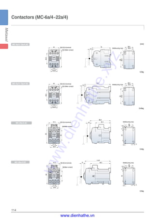 114
Contactors (MC-6a/4~22a/4)
MC-22a/4 DC
45
46.6
73.5
10
30.05
45
46.6
73.5
10
30.05
4646
10
79
M3.5(Main contact)
M3.5(Coil terminal)
M3.5(Main contact)
M3.5(Coil terminal)
M4(Main contact)
M3.5(Coil terminal)
110.7
33.5
36.5
49.5
65
M4(Mounting hole)
33.5
36.5
49.5
65
M4(Mounting hole)
10
47.2
80
86.8
30
35
2.5
550
5.4 3
11.3
33.9
64.1
M4(Main contact)
M3.5(Coil terminal)47.2
80
11.3
33.9
M4(Mounting hole)
M4(Mounting hole)
10
113.2
90.510
30
35
2.5
550
5.4 3
[mm]
0.3kg
0.45kg
0.4kg
0.5kg
MC-6a/4~18a/4 AC
MC-6a/4~18a/4 DC
MC-22a/4 AC
www.dienhathe.xyz
www.dienhathe.vn
 