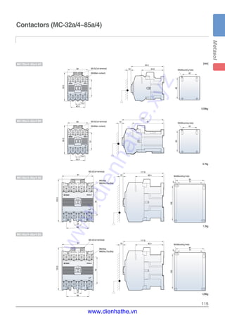 115
Contactors (MC-32a/4~85a/4)
[mm]83.5
94.6
59
42
60
14.2
42.6
51
64.610
M4(Main contact)
M3.5(Coil terminal)
M4(Mounting hole)
91
121
10
123.5
117.8
91
81
71
100
5
M4(Mounting hole)
22
66
78
82.410
M3.5(Coil terminal)
M6(50a)
M8(65a,75a,85a)
83.5
59
14.2
42.6
51
M4(Main contact)
M3.5(Coil terminal)
42
60
M4(Mounting hole)
123.5
117.8
91
81
71
100
5
M4(Mounting hole)
22
66
78
82.410
M3.5(Coil terminal)
M6(50a)
M8(65a,75a,85a)
2a2b
2a2b
0.59kg
0.7kg
1.2kg
1.29kg
MC-32a/4~40a/4 AC
MC-32a/4~40a/4 DC
MC-50a/4~85a/4 AC
MC-50a/4~85a/4 DC
www.dienhathe.xyz
www.dienhathe.vn
 