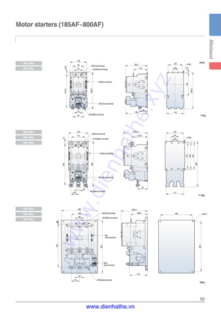 93
Motor starters (185AF~800AF)
[mm][mm]
M10(Main terminal)
M4(Coil terminal)
M4(Aux terminal)
M3.5(Aux terminal)
M10(Main terminal)
M12(Main terminal)
M4(Coil terminal)
M4(Aux terminal)
M3.5(Aux terminal)
M12(Main terminal)
M16(Main terminal)
M4(Coil terminal)
M4
(Aux terminal)
M3.5
(Aux terminal)
M16(Main terminal)
4-M6
94
25
4-M8
4-M10
151
138
93
25
19.5274.5
306.5
118 45
120
6.5190
306.5
145
110
163
34421
380
30
132.5
50
145
225
160
360
39
39432
530
40
80
168.5 320
500
60
380
179
184
66
185.1
60.5
85
204.4
220
210
265.3
7.9kg
11.8kg
MS-185a
MS-225a
MS-265a
MS-330a
MS-400a
28kg
MS-500a
MS-630a
MS-800a
www.dienhathe.xyz
www.dienhathe.vn
 