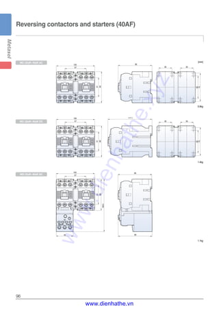 96
Reversing contactors and starters (40AF)
[mm]
57
102
51
83
51
83
139.4
9045
90
60
75
3535
57
102
51
83
57
102
90
117.1
60
75
3535
MC-32aR~40aR AC
MC-32aR~40aR DC
MS-32aR~40aR AC
0.9kg
1.4kg
1.1kg
www.dienhathe.xyz
www.dienhathe.vn
 