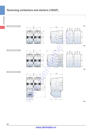 98
Reversing contactors and starters (100AF)
[mm]
82
152
103
140
211.9
70
135.8
110
130
55
60
135.8
172.3
82
152
82
152
103
140
103
140
55
60
130
55
60
55
60
MC-75aR~100aR AC
MC-75aR~100aR DC
MS-75aR~100aR AC
3.3kg
5.2kg
3.8kg
www.dienhathe.xyz
www.dienhathe.vn
 