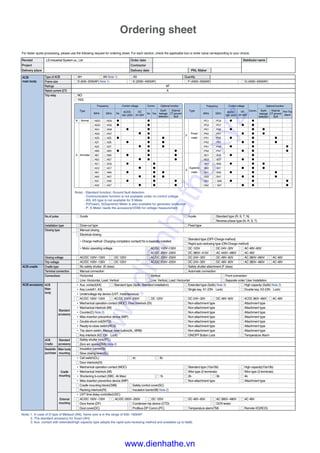Ordering sheet
ACB accessory
ACB cradle
Type of ACB
Frame size
Ratings
Rated current (CT)
Trip relay
ACB
main body
No.of poles
Installation type
Closing type
Closing voltage
Trip voltage
Cradle type
Terminal connection
Connections
□ AH □ AN Note 1) □ AS Quantity
□ D (630~2000AF) Note 1) □ E (2000~4000AF) □ F (4000~5000AF) □ G (4000~6300AF)
AF
A
□ NO
□ YES
� 3-pole � 4-pole � Standard type (R, S, T, N)
� Reverse phase type (N, R, S, T)
� Draw-out type � Fixed type
� Manual closing
� Electrical closing
�Charge method: Charging completion contact(1b) is basically installed
� Standard type (OFF-Charge method)
� Rapid auto-reclosing type (ON-Charge method)
�Motor operating voltage � AC/DC 100V~130V � DC 125V � DC 24V~30V � AC 48V~60V
� AC/DC 200V~250V � DC 380V~415V � AC 440V~480V � AC 48V
� AC/DC 100V~130V � DC 125V � AC/DC 200V~250V � DC 24V~30V � DC 48V~60V � AC 380V~480V � AC 48V
� AC/DC 100V~130V � DC 125V � AC/DC 200V~250V � DC 24V~30V � DC 48V~60V � AC 380V~480V � AC 48V
� No safety shutter (E class) � Safety shutter attachment (F class)
� Manual connection � Automatic connection
� Horizontal � Vertical � Front connection
� Line: Horizontal, Load: Vertical � Line: Vertical, Load: Horizontal � Separate order/ User Installation
ACB
Main
body
Standard
accessory
Standard
accessory
Main body
mounting
Cradle
mounting
External
mounting
ACB
Cradle
Separate
purchase
� Aux. contact(AX) � Standard type (3a3b, Standard installation) � Extended type (5a5b) Note 3) � High capacity (5a5b) Note 3)
� Key Lock(K1, K3) � Single key, K1 (ON‐Lock) � Double key, K3 (ON‐Lock)
� Undervoltage trip device (UVT, Instantaneous)
� AC/DC 100V~130V � AC/DC 200V~250V � DC 125V � DC 24V~30V � DC 48V~60V � AC/DC 380V~480V � AC 48V
� Mechanical operation contact (MOC), Door Interlock (DI) � Non-attachment type � Attachment type
� Mechanical interlock (MI) � Non-attachment type � Attachment type
� Counter(C) Note 2) � Non-attachment type � Attachment type
� Miss insertion preventive device (MIP) � Non-attachment type � Attachment type
� Double shunt coil(SHT2) � Non-attachment type � Attachment type
� Ready-to-close switch(RCS) � Non-attachment type � Attachment type
� Trip alarm switch, Manual reset button(AL, MRB) � Non-attachment type � Attachment type
� Key interlock (K2, ON‐Lock) � ON/OFF Button Lock � Temperature Alarm
� Safety shutter lock(STL)
� Zero arc space(ZAS) Note 2)
� Insulation barrier(IB)
� Slow closing lever(SL)
� Cell switch(CL) □ 4c □ 8c
� Door interlock(DI)
� Mechanical operation contact (MOC) � Standard type (10a10b) � High capacity(10a10b)
� Mechanical Interlock (MI) � Wire type (2 terminals) � Wire type (3 terminals)
� Shortening b-contact (SBC, 4b Max) � 1b � 2b � 3b � 4b
� Miss insertion preventive device (MIP) � Non-attachment type � Attachment type
� Cradle mounting block(CMB) � Safety control cover(SC)
� Racking interlock(RI) � Insulation barrier(IB) Note 2)
� UVT time delay controller(UDC)
� AC/DC 100V~130V � AC/DC 200V~250V � DC 125V � DC 48V~60V � AC 380V~480V � AC 48V
� Door frame (DF) � Condenser trip device (CTD) � OCR tester
� Dust cover(DC) � Profibus-DP Comm.(PC) � Temperature alarm(TM) � Remote I/O(RCO)
Receipt
Project
Delivery place
For faster quote processing, please use the following request for ordering sheet. For each section, check the applicable box or enter value cerresponding to your choice.
LS Industrial System co., Ltd Order date
Contractor
Delivery date PNL Maker
Distributor name
Note) - Standard function: Ground fault detection
- Communication function is not available under no control voltage
- AN, AS type is not available for S Meter
- P(Power), S(Supreme) Meter is also available for generator protection
- P, S Meter needs the accessory(VDM) for voltage measurement
Note) 1. In case of D type of Metasol (AN), frame size is in the range of 630~1600AF
2. The standard accessory for Susol (AH).
3. Aux. contact with extended/high capacity type adopts the rapid auto-reclosing method and available up to 6a6b.
Type Type
Normal
Ammeter
N
A
Power
meter
Supreme
meter
P
S
� NGO
� AGO
� AG1
� AG2
� AZ0
� AZ1
� AZ2
� AE0
� AE1
� AE2
� AC1
� AC2
� AK1
� AK2
� AX1
� AX2
� PC1
� PC2
� PK1
� PK2
� PX1
� PX2
� PA1
� PA2
� SC1
� SC2
� SK1
� SK2
� SX1
� SX2
� SA1
� SA2
� PC6
� PC7
� PK6
� PK7
� PX6
� PX7
� PA6
� PA7
� SC6
� SC7
� SK6
� SK7
� SX6
� SX7
� SA6
� SA7
●
‐
●
‐
●
‐
●
‐
●
‐
●
‐
●
‐
●
‐
‐
●
‐
●
‐
●
‐
●
‐
●
‐
●
‐
●
‐
●
●
●
●
●
●
●
●
●
●
●
●
●
●
●
●
●
‐
‐
●
●
‐
‐
‐
‐
‐
‐
●
●
‐
‐
‐
‐
‐
‐
‐
‐
●
●
‐
‐
‐
‐
‐
‐
●
●
‐
‐
‐
‐
‐
‐
‐
‐
●
●
‐
‐
‐
‐
‐
‐
●
●
� NG5
� AG5
� AG6
� AG7
� AZ5
� AZ6
� AZ7
� AE5
� AE6
� AE7
� AC6
� AC7
� AK6
� AK7
� AX6
� AX7
●
●
‐
‐
●
‐
‐
●
‐
‐
‐
‐
‐
‐
‐
‐
‐
‐
●
‐
‐
●
‐
‐
●
‐
●
‐
●
‐
●
‐
‐
‐
‐
●
‐
‐
●
‐
‐
●
‐
●
‐
●
‐
●
●
●
●
●
●
●
●
●
●
●
‐
‐
‐
‐
‐
‐
‐
‐
‐
‐
‐
‐
‐
‐
‐
‐
●
●
●
●
●
●
‐‐
‐‐
‐‐
‐‐
●●
●●
●●
‐‐
‐‐
‐‐
‐‐
‐‐
●●
●●
‐‐
‐‐
‐
‐
‐
‐
‐
‐
‐
●
●
●
‐
‐
‐
‐
●
●
Control voltage Control voltageComm.
Comm.
Optional function Optional functionFrequency Frequency
No60Hz 60Hz50Hz 50Hz AC/DC
100~250V
No Yes
Earth
leakage
detection
Earth
leakage
detection
External
CT ground
fault
External
CT ground
fault
AC/DC
100~250V
DC
24~60V
DC
24~60V
Pre-Trip
Alarm
www.dienhathe.xyz
www.dienhathe.vn
 