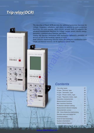 The trip relay of Susol ACB provides the additional protection functions for
voltage, frequency, unbalance, and others in addition to main protection
functions for over current, short-circuit, ground fault. It supports the
advanced measurement functions for voltage, current, power, electric energy,
harmonics, communication function, and others.
Analog trip function interlocked with mechanism enhanced a durability of
devices as well as the breaking capacity of ACB.
Zone selective interlocking function makes the protective coordination more
simple and thermal memory can be applied to various loads.
Trip relay(OCR)Trip relay(OCR)
Contents
Trip relay types 27
N type:��Normal��type 28
A type:��Ammeter��type 30
P type:��Power meter��type 32
S type:��Supreme meter��type 34
Operation characteristic 36
Measurement function 38
Man machine interface 39
Protection element setting 40
Measurement element display 41
Characteristic curves 42
ZSI - Zone Selective Interlocking 45
Remote reset and digital I/O 46
Communication 47
Event & fault recording 48
System information 48
System block diagram 49
www.dienhathe.xyz
www.dienhathe.vn
 