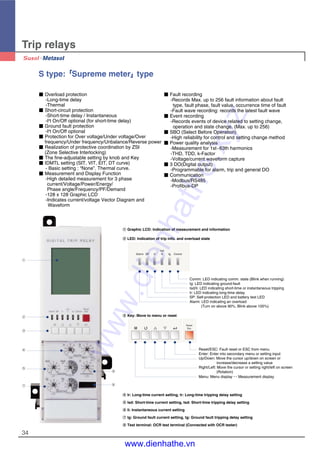 34
Trip relays
S type:��Supreme meter��type
■ Overload protection
-Long-time delay
-Thermal
■ Short-circuit protection
-Short-time delay / Instantaneous
-I2
t On/Off optional (for short-time delay)
■ Ground fault protection
-I2
t On/Off optional
■ Protection for Over voltage/Under voltage/Over
frequency/Under frequency/Unbalance/Reverse power
■ Realization of protective coordination by ZSI
(Zone Selective Interlocking)
■ The fine-adjustable setting by knob and Key
■ IDMTL setting (SIT, VIT, EIT, DT curve)
- Basic setting : “None”. Thermal curve.
■ Measurement and Display Function
-High detailed measurement for 3 phase
current/Voltage/Power/Energy/
Phase angle/Frequency/PF/Demand
-128 x 128 Graphic LCD
-Indicates current/voltage Vector Diagram and
Waveform
■ Fault recording
-Records Max. up to 256 fault information about fault
type, fault phase, fault value, occurrence time of fault
-Fault wave recording: records the latest fault wave
■ Event recording
-Records events of device related to setting change,
operation and state change. (Max. up to 256)
■ SBO (Select Before Operation)
-High reliability for control and setting change method
■ Power quality analysis
-Measurement for 1st~63th harmonics
-THD, TDD, k-Factor
-Voltage/current waveform capture
■ 3 DO(Digital output)
-Programmable for alarm, trip and general DO
■ Communication
-Modbus/RS485
-Profibus-DP
①① Graphic LCD: Indication of measurement and information
②② LED: Indication of trip info. and overload state
Comm: LED indicating comm. state (Blink when running)
Ig: LED indicating ground-fault
Isd/Ii: LED indicating short-time or instantaneous tripping
Ir: LED indicating long-time delay
SP: Self-protection LED and battery test LED
Alarm: LED indicating an overload
(Turn on above 90%, Blink above 105%)
③③ Key: Move to menu or reset
Reset/ESC: Fault reset or ESC from menu
Enter: Enter into secondary menu or setting input
Up/Down: Move the cursor up/down on screen or
increase/decrease a setting value
Right/Left: Move the cursor or setting right/left on screen
(Rotation)
Menu: Menu display ↔ Measurement display
④④ Ir: Long-time current setting, tr: Long-time tripping delay setting
⑤⑤ Isd: Short-time current setting, tsd: Short-time tripping delay setting
⑥⑥ Ii: Instantaneous current setting
⑦⑦ Ig: Ground fault current setting, tg: Ground fault tripping delay setting
⑧⑧ Test terminal: OCR test terminal (Connected with OCR tester)
Alarm SP Ir
Isd
Ii Ig Comm
Reset
Esc
①
⑧
⑥
②
③
④
⑤
⑦
www.dienhathe.xyz
www.dienhathe.vn
 