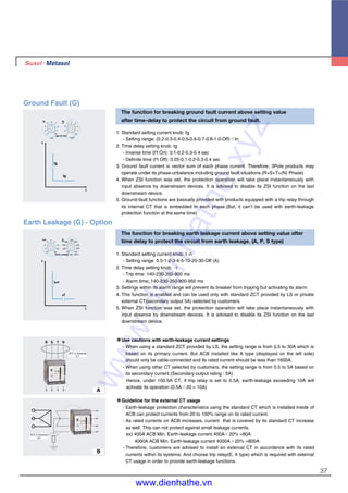 37
The function for breaking ground fault current above setting value
after time-delay to protect the circuit from ground fault.
1. Standard setting current knob: Ig
- Setting range: (0.2-0.3-0.4-0.5-0.6-0.7-0.8-1.0-Off)×In
2. Time delay setting knob: tg
- Inverse time (I2
t On): 0.1-0.2-0.3-0.4 sec
- Definite time (I2
t Off): 0.05-0.1-0.2-0.3-0.4 sec
3. Ground fault current is vector sum of each phase current. Therefore, 3Pole products may
operate under its phase-unbalance including ground fault situations.(R+S+T+(N) Phase)
4. When ZSI function was set, the protection operation will take place instantaneously with
input absence by downstream devices. It is advised to disable its ZSI function on the last
downstream device.
5. Ground-fault functions are basically provided with products equipped with a trip relay through
its internal CT that is embedded in each phase.(But, it can’t be used with earth-leakage
protection function at the same time)
Ground Fault (G)
t
Ig
I
tg
.4
.3
.2
.4
.3
.2
.1
.1 .05
tg
(S).5
.4
.3
.6
.7
.8
1
.2 off
Ig
×In on
I2
toff
ground fault
The function for breaking earth leakage current above setting value after
time delay to protect the circuit from earth leakage. (A, P, S type)
1. Standard setting current knob: I△n
- Setting range: 0.5-1-2-3-4-5-10-20-30-Off (A)
2. Time delay setting knob: △t
- Trip time: 140-230-350-800 ms
- Alarm time: 140-230-350-800-950 ms
3. Settings within its alarm range will prevent its breaker from tripping but activating its alarm.
4. This function is enabled and can be used only with standard ZCT provided by LS or private
external CT(secondary output 5A) selected by customers.
5. When ZSI function was set, the protection operation will take place instantaneously with
input absence by downstream devices. It is advised to disable its ZSI function on the last
downstream device.
※※Use cautions with earth-leakage current settings
- When using a standard ZCT provided by LS, the setting range is from 0.5 to 30A which is
based on its primary current. But ACB installed like A type (displayed on the left side)
should only be cable-connected and its rated current should be less than 1600A.
- When using other CT selected by customers, the setting range is from 0.5 to 5A based on
its secondary current.(Secondary output rating : 5A)
Hence, under 100:5A CT, if trip relay is set to 0.5A, earth-leakage exceeding 10A will
activate its operation (0.5A×20 = 10A)
※※Guideline for the external CT usage
- Earth-leakage protection characteristics using the standard CT which is installed inside of
ACB can protect currents from 20 to 100% range on its rated current.
- As rated currents on ACB increases, current that is covered by its standard CT increase
as well. This can not protect against small leakage currents.
ex) 400A ACB Min. Earth-leakage current 400A×20% =80A
4000A ACB Min. Earth-leakage current 4000A×20% =800A
- Therefore, customers are advised to install an external CT in accordance with its rated
currents within its systems. And choose trip relay(E, X type) which is required with external
CT usage in order to provide earth-leakage functions.
Earth Leakage (G) - Option
t
I
800
350
230
900
800
350
230
140 140
(ms)
3
2
1
4
5
10
20
0.5 30
trip alarmEarth Leakage
I n
t
I n t
R S T N
ZCT or External
CT
A
ZCT or External
CT
B
www.dienhathe.xyz
www.dienhathe.vn
 