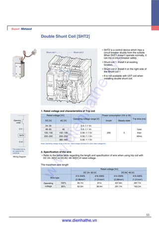 Opening
order
C11
C12
SHT2
55
Double Shunt Coil [SHT2]
�SHT2 is a control device which trips a
circuit breaker doubly from the outside.
When SHT1 doesn’t operate normally, it
can trip a circuit breaker safely.
�Shunt coil 1: Install it at existing
location.
�Shunt coil 2: Install it on the right side of
the Shunt coil 1
�It is not available with UVT coil when
installing double shunt coil.
1. Rated voltage and characteristics of Trip coil
Rated voltage [Vn] Power consumption (VA or W)
DC [V] AC [V]
Operating voltage range [V]
Inrush Steady-state
Trip time [ms]
24~30 - 0.6~1.1 Vn
48~60 48 0.6~1.1 Vn Less
100~130 100~130 0.56~1.1 Vn 200 5 than
200~250 200~250 0.56~1.1 Vn 40ms
- 380~480 0.56~1.1 Vn
Note) Operating voltage range is the min. rated voltage standard for each rated voltage(Vn).
2. Specification of the wire
�Refer to the below table regarding the length and specification of wire when using trip coil with
DC 24~30[V] or DC/AC 48~60[V] of rated voltage.
Shunt coil 2
The maximum wire length
Rated voltage [Vn]
DC 24~30 [V] DC/AC 48 [V]
Wire type
#14 AWG #16 AWG #14 AWG #16 AWG
(2.08mm2
) (1.31mm2
) (2.08mm2
) (1.31mm2
)
Operating 100% 95.7m 61m 457.8m 287.7m
voltage 85% 62.5m 38.4m 291.7m 183.2m
Wiring Diagram
* The dotted line to
be made by the
customer
Shunt coil 1www.dienhathe.xyz
www.dienhathe.vn
 