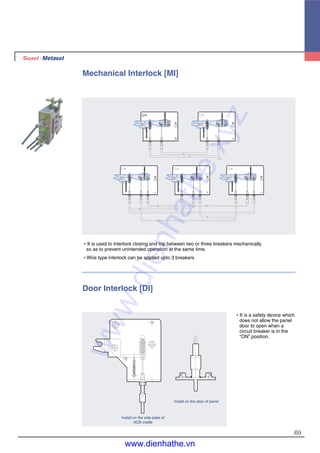 69
Mechanical Interlock [MI]
�It is used to interlock closing and trip between two or three breakers mechanically
so as to prevent unintended operation at the same time.
�Wire type interlock can be applied upto 3 breakers
Door Interlock [DI]
�It is a safety device which
does not allow the panel
door to open when a
circuit breaker is in the
“ON” position.
Install on the door of panel
Install on the side plate of
ACB cradle
www.dienhathe.xyz
www.dienhathe.vn
 