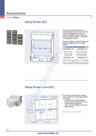 Accessories
70
Safety Shutter Lock [STL]
�It is a locking device which prevents
safety shutter from being opened when
it is closed.
→ If shutter lock is connected with
guide shutter, the guide shutter can
not be pushed structurally.
Thus, it is not available to open the
safety shutter.
Key lockShutter lock
Guide shutterShutter plate
Safety Shutter [ST]
�It is the automatic safety device to
protect the connectors of main circuit by
cutting off dangerous contact from
outside while the breaker is drawn out.
When the ACB is drawn in, the shutter
is automatically opened.
�There are 4 types of Safety Shutter and
they are divided as shown in figure
below.
The types of safety shutter plate
2000/5000AF, 3P 4000/6300AF, 3P
2000/5000AF, 4P 4000/6300AF, 4P
Note) Padlocks(∅5 ~ ∅6) are not supplied.
www.dienhathe.xyz
www.dienhathe.vn
 