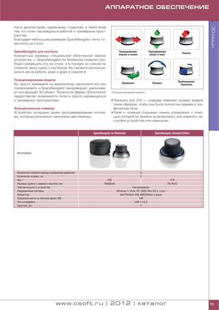 АППАРАТНОЕ ОБЕСПЕЧЕНИЕ


ность архитекторам, художникам, студентам, а также всем




                                                                                                                                           3D мыши
тем, кто хочет наслаждаться работой в трехмерном прост
ранстве.
Благодаря небольшим размерам SpaceNavigator легко по
местится на столе.

SpaceNavigator для ноутбука
Компактные размеры специальной облегченной версии
устройства — SpaceNavigator for Notebooks позволят сво
бодно размещать его на столе, а в поездке он совсем не
утяжелит вашу сумку с ноутбуком. Вы сможете воспользо
ваться им на работе, дома и даже в самолете.

Позиционирование модели
Вы просто нажимаете на манипулятор, наклоняете его или
поворачиваете, а SpaceNavigator панорамирует, увеличива
ет или вращает 3D объект. Технология фирмы 3Dconnexion             Позиционирование модели
предоставляет возможность легко и просто перемещаться
в трехмерных пространствах.                                        • Показать все (Fit) — команда изменяет размер модели
                                                                     таким образом, чтобы она была полностью видима в гра
Функциональные клавиши                                               фическом окне.
Устройство оснащено двумя программируемыми кнопка                  • Panel — команда открывает панель управления, с помо
ми, которым изначально назначены две команды:                        щью которой вы можете устанавливать или изменять на
                                                                     стройки устройства или навигации.


                                                    SpaceNavigator for Notebooks                         SpaceNavigator Standard Edition




 Фотография




 Количество степеней свободы контроллера движения                                           6
 Количество клавиш, шт.                                                                     2
 Вес, г                                                        250                                                      479
 Размеры (длина х ширина х высота), мм                       68x68x46                                                 78x78x53
 Чувствительность устройства                                                          Настраиваемая
 Операционные системы                                                   Windows 7, Vista, XP, 2000, Mac OS X, Linux
 Процессор                                                                Intel Pentium 4/III, AMD/Athlon и выше
 Требуемое место на жестком диске, Мб                                                        140
 Тип интерфейса                                                                         USB 1.1/2.0
 Гарантия, лет                                                                                 2




                                 www.csoft.ru | 2012 | каталог                                                                             73
 