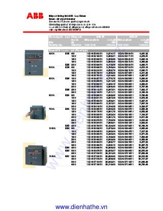 Máy c t không khí ACB - Lo i Emax
Emax - Air circuit breaker
S n xu t t i Ý, b o v quá t i, ng n m ch
Ch nh dòng quá t I: V I trip i n t : t 0.4 - 1 In
ư c nhi t i hoá, d dàng l p t, dòng nh m c t i 6300A
áp ng tiêu chu n IEC 60947-2
Kh năng c t Lo i Dòng nh
m c In Mã s n ph m ơn giá Mã s n ph m ơn giá
(KA) (A) USD USD
Breaking Cap. Rated Cur. Oder Code Unit price Oder Code Unit price
Emax ACB - Lo i c nh (Fixed type)
42KA E1B 800 1SDA055600R1 3,514.17 1SDA055608R1 4,041.32
1000 1SDA059169R1 3,566.31 1SDA059171R1 4,279.51
1250 1SDA055632R1 3,338.99 1SDA055640R1 3,825.14
1600 1SDA055664R1 3,865.09 1SDA055672R1 4,388.89
E2B 2000 1SDA055824R1 4,115.56 1SDA055832R1 4,938.71
50KA E1N 800 1SDA055696R1 3,760.94 1SDA055704R1 4,513.13
1000 1SDA059213R1 4,530.70 1SDA059215R1 5,540.71
1250 1SDA055728R1 3,466.59 1SDA055736R1 4,211.80
1600 1SDA055760R1 4,014.80 1SDA055768R1 4,997.57
65KA E2N 1000 1SDA059257R1 4,773.75 1SDA059259R1 5,836.81
1250 1SDA055856R1 3,611.55 1SDA055864R1 4,234.89
1600 1SDA055888R1 4,240.15 1SDA055896R1 4,958.51
2000 1SDA055920R1 4,906.43 1SDA055928R1 5,737.68
E3N 2500 1SDA056112R1 6,847.61 1SDA056120R1 7,802.17
3200 1SDA056144R1 7,411.11 1SDA056152R1 8,158.19
85KA E2S 800 1SDA058282R1 4,699.95 1SDA058290R1 5,746.66
1000 1SDA059301R1 4,887.09 1SDA059303R1 6,972.35
1250 1SDA055952R1 4,330.81 1SDA055960R1 5,927.51
1600 1SDA055984R1 5,157.51 1SDA055992R1 7,007.19
2000 1SDA056016R1 6,134.38 1SDA056024R1 8,324.37
75KA E3S 1000 1SDA059385R1 5,643.09 1SDA059387R1 6,856.48
1250 1SDA056176R1 4,981.79 1SDA056184R1 6,052.95
1600 1SDA056208R1 5,832.64 1SDA056216R1 7,134.37
2000 1SDA056240R1 6,991.72 1SDA056248R1 8,611.89
2500 1SDA056272R1 7,742.59 1SDA056280R1 9,910.84
3200 1SDA056304R1 7,988.91 1SDA056312R1 9,832.81
E4S 4000 1SDA056784R1 13,124.00 1SDA056792R1 15,748.76
100KA E3H 800 1SDA056336R1 5,473.84 1SDA056344R1 6,650.84
1000 1SDA059345R1 5,940.04 1SDA059347R1 7,217.36
1250 1SDA056368R1 5,243.94 1SDA056376R1 6,371.54
1600 1SDA056400R1 6,139.60 1SDA056408R1 7,509.85
2000 1SDA056432R1 6,842.66 1SDA056440R1 8,353.80
2500 1SDA056464R1 7,999.77 1SDA056472R1 9,477.23
3200 1SDA056496R1 8,548.13 1SDA056504R1 10,257.75
E4H 4000 1SDA056848R1 13,986.89 1SDA056856R1 16,784.27
E6H 5000 1SDA056976R1 22,805.07 1SDA056984R1 29,570.03
6300 1SDA057008R1 29,181.93 1SDA057016R1 37,838.49
150KA E6V 3200 1SDA057040R1 20,620.92 1SDA057048R1 29,213.55
4000 1SDA057072R1 21,258.69 1SDA057080R1 30,117.07
5000 1SDA057104R1 25,642.51 1SDA057112R1 31,048.48
6300 1SDA057136R1 33,119.00 1SDA057144R1 39,730.43
ACB 3P ACB 4P
www.dienhathe.xyz
www.dienhathe.vn
 