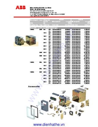 Máy c t không khí ACB - Lo i Emax
Emax - Air circuit breaker
S n xu t t i Ý, b o v quá t i, ng n m ch
Ch nh dòng quá t I: V i trip i n t : t 0.4 - 1 In
ư c nhi t i hoá, d dàng l p t, dòng nh m c t i 6300A
áp ng tiêu chu n IEC 60947-2
Kh năng c t Lo i Dòng nh
m c In Mã s n ph m ơn giá Mã s n ph m ơn giá
(KA) (A) USD USD
Breaking Cap. Type Rated Cur. Oder Code Unit price Oder Code Unit price
Emax ACB - Lo i di ng (Withdrawable type)
100KA E3H 800 MP 1SDA056352R1 5,598.83 1SDA056360R1 6,762.04
FP 1SDA059669R1 1,246.88 1SDA059765R1 1,745.65
1000 MP 1SDA059346R1 5,847.15 1SDA059348R1 7,062.97
FP 1SDA059669R1 1,246.88 1SDA059765R1 1,745.65
1250 MP 1SDA056384R1 5,296.89 1SDA056392R1 6,235.24
FP 1SDA059669R1 1,246.88 1SDA059765R1 1,745.65
1600 MP 1SDA056416R1 6,482.09 1SDA056424R1 7,709.53
FP 1SDA059669R1 1,246.88 1SDA059765R1 1,745.65
2000 MP 1SDA056448R1 7,927.75 1SDA056456R1 8,883.39
FP 1SDA059669R1 1,246.88 1SDA059765R1 1,745.65
2500 MP 1SDA056480R1 10,080.36 1SDA056488R1 10,760.90
FP 1SDA059669R1 1,246.88 1SDA059765R1 1,745.65
3200 MP 1SDA056512R1 11,703.36 1SDA056520R1 13,834.41
FP 1SDA059669R1 1,246.88 1SDA059765R1 1,745.65
E4H 4000 MP 1SDA056864R1 18,325.25 1SDA056872R1 19,351.50
FP 1SDA059670R1 2,209.51 1SDA059766R1 3,093.28
E6H 5000 MP 1SDA056992R1 23,884.35 1SDA057000R1 27,387.37
FP 1SDA059671R1 4,089.84 1SDA059768R1 5,725.81
6300 MP 1SDA057024R1 33,076.48 1SDA057032R1 38,037.96
FP 1SDA059671R1 4,089.84 1SDA059768R1 5,725.81
130KA E2L 1250 MP 1SDA056064R1 4,682.09 1SDA056072R1 5,724.78
FP 1SDA059667R1 1,023.46 1SDA059763R1 1,432.79
1600 MP 1SDA056096R1 5,575.84 1SDA056104R1 6,767.41
FP 1SDA059667R1 1,023.46 1SDA059763R1 1,432.79
E3L 2000 MP 1SDA056736R1 8,899.56 1SDA056744R1 9,645.30
FP 1SDA059669R1 1,246.88 1SDA059765R1 1,745.65
150KA E6V 3200 MP 1SDA057056R1 21,379.31 1SDA057064R1 26,724.11
FP 1SDA059671R1 4,089.84 1SDA059768R1 5,725.81
4000 MP 1SDA057088R1 22,040.50 1SDA057096R1 27,550.64
FP 1SDA059671R1 4,089.84 1SDA059768R1 5,725.81
5000 MP 1SDA057120R1 29,697.14 1SDA057128R1 32,190.39
FP 1SDA059671R1 4,089.84 1SDA059768R1 5,725.81
6300 MP 1SDA057152R1 41,168.07 1SDA057160R1 44,708.83
FP 1SDA059671R1 4,089.84 1SDA059768R1 5,725.81
ACB 3P ACB 4P
Accessories
www.dienhathe.xyz
www.dienhathe.vn
 