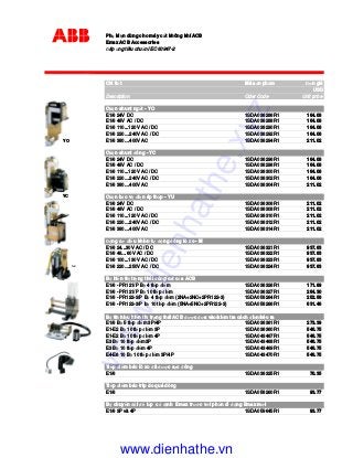 Ph ki n dùng cho máy c t không khí ACB
Emax ACB Accessories
áp ng tiêu chu n IEC 60947-2
Chi ti t Mã s n ph m ơn giá
USD
Description Oder Code Unit price
Cu n shunt ng t - YO
E1/6 24V DC 1SDA038286R1 164.08
E1/6 48V AC / DC 1SDA038288R1 164.08
E1/6 110...120V AC / DC 1SDA038290R1 164.08
E1/6 220…240V AC / DC 1SDA038292R1 164.08
E1/6 380…400V AC 1SDA038294R1 211.02
Cu n shunt óng - YC
E1/6 24V DC 1SDA038296R1 164.08
E1/6 48V AC / DC 1SDA038298R1 164.08
E1/6 110...120V AC / DC 1SDA038300R1 164.08
E1/6 220…240V AC / DC 1SDA038302R1 164.08
E1/6 380…400V AC 1SDA038304R1 211.02
Cu n b o v i n áp th p - YU
E1/6 24V DC 1SDA038306R1 211.02
E1/6 48V AC / DC 1SDA038308R1 211.02
E1/6 110...120V AC / DC 1SDA038310R1 211.02
E1/6 220…240V AC / DC 1SDA038312R1 211.02
E1/6 380…400V AC 1SDA038314R1 211.02
ng cơ i u khi n t ng óng lò xo - M
E1/6 24...30V AC / DC 1SDA038321R1 937.83
E1/6 48…60V AC / DC 1SDA038322R1 937.83
E1/6 100...130V AC / DC 1SDA038323R1 937.83
E1/6 220…250V AC / DC 1SDA038324R1 937.83
B hi n th tr ng thái óng/c t c a ACB
E1/6 - PR121/P B 4 ti p i m 1SDA038326R1 171.89
E1/6 - PR121/P B 10 ti p i m 1SDA038327R1 264.30
E1/6 - PR122-3/P B 4 ti p i m (2NA+2NC+2PR122-3) 1SDA058264R1 252.58
E1/6 - PR122-3/P b 10 ti p i m (5NA+5NC+2PR122-3) 1SDA058266R1 631.46
B tín hi u hi n th tr ng thái ACB ư c ưa vào/ki m tra cách i n/kéo ra
E1/6 B 5 ti p i m 3P/4P 1SDA038361R1 273.39
E1-E2 B 10 ti p i m 3P 1SDA038360R1 546.75
E1-E2 B 10 ti p i m 4P 1SDA043467R1 546.75
E3 B 10 ti p i m3P 1SDA043468R1 546.75
E3 B 10 ti p i m 4P 1SDA043469R1 546.75
E4-E6 10 B 10 ti p i m 3P/4P 1SDA043470R1 546.75
Ti p i m báo lò xo ã ư c s c óng
E1/6 1SDA038325R1 70.35
Ti p i m báo trip do quá dòng
E1/6 1SDA058260R1 93.77
B chuy n i l p c nh Emax trư c v I ph n di ng Emax m I
E1/6 3P và 4P 1SDA059645R1 93.77
YO
YC
M
www.dienhathe.xyz
www.dienhathe.vn
 