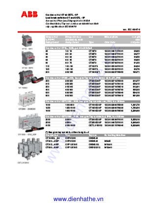 C u dao c t t i OT và OETL - 3P
Load break switches OT and OETL - 3P
S n xu t t i Ph n Lan, Dòng ng t t i t i 3150A
C n thao tác lo i Tay v n m b o an toàn khi v n hành
áp ng tiêu chu n IEC 60947-3
acc. IEC 60947-3
Dòng c t t I Dòng nh m c Lo i Mã s n ph m ơn giá
Ith (open) AC22/AC23, 415V USD
Rating Curent Rating Curent Type Oder Code Unit price
C u dao c t t i OT16…125E, g n trên DIN-Rail
25 16 / 16 OT16F3 1SCA104811R1001 26.83
32 25 / 20 OT25F3 1SCA104857R1001 28.77
40 40 / 23 OT40F3 1SCA104902R1001 34.50
63 63 / 45 OT63F3 1SCA105332R1001 49.83
80 80 / 75 OT80F3 1SCA105798R1001 61.33
115 100 / 80 OT100F3 1SCA105004R1001 84.34
125 125 / 90 OT125F3 1SCA105033R1001 92.78
200 200/135 OT160E3(*) 1SCA022257R5950 192.71
C u dao c t t i OT200…800, bao g m Tay v n d ng piston và tr c(*), IP65
250 200/200 OT200E03P 1SCA022712R0800 212.77
315 250/250 OT250E03P 1SCA022710R0100 259.15
350 315/315 OT315E03P 1SCA022718R8510 312.81
400 400/400 OT400E03P 1SCA022718R8780 365.33
630 630/630 OT630E03P 1SCA022718R8940 594.18
800 800/800 OT800E03P 1SCA022718R9410 881.69
C u dao c t t i OETL1000…1600, bao g m Tay v n màu en, IP65, tr c 250mm
1000 1000/800 OT1000E03P 1SCA022860R5930 1,341.70
1250 1250/1000 OT1250E03P 1SCA022860R6230 1,782.54
1600 1600/1000 OT1600E03P 1SCA022860R6580 2,280.89
C u dao c t t i OETL2500…3150, bao g m Tay v n kim lo i, IP54, tr c 325mm
2000 2000/- OT2000E03P 1SCA108036R1001 3,356.18
2500 2500/- OT2500E03P 1SCA104972R1001 3,948.43
3150 3150/1600 OETL 3150K3 1SCA022115R6340 6,029.98
(*) Bao g m tay v n và tr c theo b ng dư i
C u dao lo i Tr c Tay v n B bu lông kèm theo
OT160E3, _E4 OXP6X210 OHB65J6
OT200…250P OXP6X210 OHB65J6 M8x25
OT315…400P OXP12X185 OHB95J12 M10x30
OT630…800P OXP12X185 OHB125J12 M12x40
www.dienhathe.xyz
www.dienhathe.vn
 