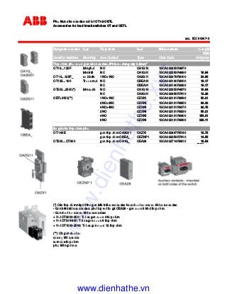 Ph ki n cho c u dao c t t i OT và OETL
Accessories for load break switches OT and OETL
acc. IEC 60947-3
Dung cho c u dao L p Ti p i m Lo i Mã s n ph m ơn giá
USD
Used for Switches Mounting Aux. Contact Type Oder Code Unit price
Ti p i m ph ư c g n vào c u dao, IP20, x dung cáp 2.5mm2
OT16…125F bên ph i NO OA1G10 1SCA022353R4970
bên trái NC OA1G01 1SCA022353R4890 10.94
OT 16...125F_ c 2 bên 1NO+1NC OA2G11 1SCA022379R8100 23.56
OT125…160 Trư c m t NO OBEA10 1SCA022190R3000 19.17
NC OBEA01 1SCA022190R3260 19.17
OT200...2500(*) bên c nh NO OA1G10 1SCA022353R4970 10.94
NC OA3G01 1SCA022456R7410 12.28
OETL3150(**) 1NO+1NC OZXK1 1SCA022131R8690 50.21
2NO+2NC OZXK2 1SCA022131R8850 89.32
4NO+4NC OZXK3 1SCA022131R9070 92.78
2NO OZXK4 1SCA022131R9230 50.21
4NO OZXK5 1SCA022131R9400 163.31
8NO OZXK6 1SCA022131R9660 228.11
B gá cho ti p i m ph
OT 160E g n ti p i m OA2G11 OAZX1 1SCA022467R5140 12.73
g n ti p i m OBEA_ OEZNP1 1SCA022259R7410 14.55
OT200…OT800 g n ti p i m OA1G_ OEA28 1SCA022714R8810 19.54#N/A
(*) Các ti p i m này có th g n bêb trái c a c u dao ho c dư i cơ c u cơ khí c a c u dao
- G n bên trái c a c u dao: ph i l p v i b gá OEA28 - g n ư c 8 kh i ti p i m.
- G n dư i cơ c u cơ khí c a c u dao:
+ V i OT2000-250 : T i a g n ươc 4 ti p i m
+ V i OT315-800: T i a g n ư c 8 ti p i m
+ V i OT1000-2500: T i a g n ư c 12 ti p i m
(**) Ch g n dư i cơ
c u cơ khí c a c u
dao: dòng óng ms m c a ti p i m
ph : khi ng t c u
www.dienhathe.xyz
www.dienhathe.vn
 