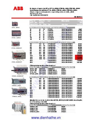 B chuy n i ngu n i n 3P lo i OT 16…2500A, OTM 160…800A, OTM 1000…2500A
3 pole Change-over switches OT 16…2500A, OTM 160…800A, OTM 1000…2500A
Chuy n i ngu n i n b ng tay và t ng v i dòng nh m c t 200A…2500A
Hi n th 3 v trí : I-O-II
áp ng tiêu chu n IEC 60947-6
IEC 60947-6-1
Dòng m Dòng m Lo i Mã s n ph m ơn giá
AC-21 .. 22A AC-23A USD
Rating Curent I(A) P(Kw) Type Oder Code Unit price
Chuy n i b ng tay, i n áp t i 415V, tay v n và tr c t riêng
16 16 7.5 OT1F3C 1SCA104816R1001 99.67
25 20 9 OT25F3C 1SCA104863R1001 114.22
40 23 11 OT40F3C 1SCA104913R1001 136.11
63 45 22 OT63F3C 1SCA105338R1001 184.79
80 75 37 OT80F3C 1SCA105402R1001 201.27
100 80 37 OT100F3C 1SCA105008R1001 269.87
125 90 45 OT125F3C 1SCA105037R1001 289.03
G m tay v n màu en (*) IP65, khoá c a t v trí I và II, i n áp t i 415V
160 160 90 OT160E03CP 1SCA022772R6510 437.01
200 200 110 OT200E03CP 1SCA022771R7520 529.01
250 250 140 OT250E03CP 1SCA022771R3450 651.68
315 315 160 OT315E03CP 1SCA022772R6780 782.02
500 400 220 OT400E03CP 1SCA022771R8500 912.35
630 630 355 OT630E03CP 1SCA022785R6050 1,422.20
800 800 450 OT800E03CP 1SCA022785R6300 2,108.38
1000 1000 560 OT1000E03CP 1SCA022872R1680 2,988.81
1250 1250 710 OT1250E03CP 1SCA022872R0790 4,100.92
1600 1250 710 OT1600E03CP 1SCA022872R1840 4,552.72
2000 OT2000E03CP 1SCA103908R1001 7,168.50
2500 OT2500E03CP 1SCA105615R1001 8,011.86
(*) Bao g m tay v n và tr c theo b ng dư i
C u dao lo i Tr c Tayv n B bu lông kèm theo
OT16 0...250 OXP6X161 OHB5JE011 M8x25
OT315...400 OXP12x166 OHB95J12E011 M10x30
OT 30...800 OXP12x185 OHB125J12E011 M12x40
OT1000...2500 OXP12x185 OHB200J12E011 M12x60
Chuy n i b ng ng cơ, có tay v n, i n áp i u khi n Un 220-240V AC
160 160 90 OTM160E3CM230C 1SCA022845R8610 1,544.87
200 200 110 OTM200E3CM230C 1SCA022845R8960 1,694.37
250 250 140 OTM250E3CM230C 1SCA022845R9260 1,801.71
315 315 160 OTM315E3CM230C 1SCA022847R1210 2,204.22
400 400 220 OTM400E3CM230C 1SCA022847R1630 2,234.89
630 630 355 OTM630E3CM230C 1SCA103567R1001 2,514.73
800 800 450 OTM800E3CM230C 1SCA103570R1001 3,220.08
1000 OTM1000E3CM230C 1SCA112677R1001 4,446.77
1250 OTM1250E3CM230C 1SCA112676R1001 4,945.12
1600 OTM1600E3CM230C 1SCA112678R1001 6,440.15
2000 OTM2000E3CM230C 1SCA112709R1001 9,966.90
2500 OTM2500E3CM230C 1SCA112710R1001 11,883.61
(*) Bao g m tay v n và tr c theo b ng dư i
C u dao lo i Tayv n B bu lông kèm theo
OTM160...250 OTV250ECMK M8x25
OTM315...400 OTV400ECMK M10x30
OTM630...800 OTV800ECMK M12x40
OTM1000...2500 OTV1000ECMK M12x60
Ghi chú: Các c p i n áp i u khi n khác: 24V DC, 48V DC,110-125V AC/DC xin vui lòng liên
h v i văn phòng i di n ABB
www.dienhathe.xyz
www.dienhathe.vn
 