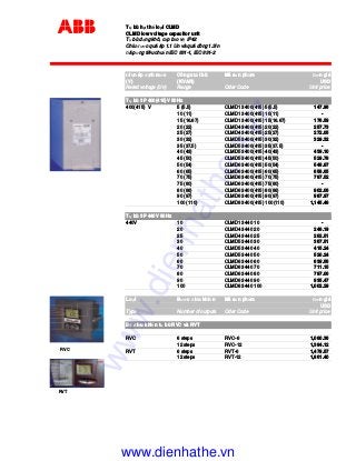 T bù h th lo I CLMD
CLMD low voltage capacitor unit
T bù d ng khô, c p b o v IP42
Chiu ươc quá áp 1.1 Un và quá dòng 1.3In
áp ng tiêu chu n IEC 831-1, IEC 831-2
i n áp nh m c Công xu t bù Mã s n ph m ơn giá
(V) (KVAR) USD
Rated voltage (Un) Range Oder Code Unit price
T bù 3P 400(415)V 50Hz
400(415) V 5 (5.5) CLMD13 400(415) 5(5.5) 147.96
10 (11) CLMD13 400(415) 10(11) -
15 (16.67) CLMD13 400(415) 15(16.67) 176.59
20 (22) CLMD43 400(415) 20(22) 257.73
25 (27) CLMD43 400(415) 25(27) 272.05
30 (32) CLMD53 400(415) 30(32) 329.32
35 (37.5) CLMD53 400(415) 35(37.5) -
40 (43) CLMD53 400(415) 40(43) 439.10
45 (50) CLMD53 400(415) 45(50) 529.78
50 (54) CLMD63 400(415) 50(54) 548.87
60 (65) CLMD63 400(415) 60(65) 658.65
70 (75) CLMD63 400(415) 70(75) 787.52
75 (80) CLMD63 400(415) 75(80) -
80 (86) CLMD63 400(415) 80(86) 902.06
90 (97) CLMD63 400(415) 90(97) 987.97
100 (110) CLMD83 400(415) 100(110) 1,145.48
T bù 3P 440V 50Hz
440V 10 CLMD13 440 10 -
20 CLMD43 440 20 248.19
25 CLMD43 440 25 262.51
30 CLMD53 440 30 367.51
40 CLMD53 440 40 415.24
50 CLMD53 440 50 520.24
60 CLMD63 440 60 639.56
70 CLMD63 440 70 711.15
80 CLMD63 440 80 797.06
90 CLMD63 440 90 935.47
100 CLMD83 440 100 1,002.29
Lo i Bư c i u khi n Mã s n ph m ơn giá
USD
Type Number of outputs Oder Code Unit price
B i u khi n t bù RVC và RVT
RVC 6 steps RVC-6 1,080.36
12 steps RVC-12 1,384.12
RVT 6 steps RVT-6 1,479.57
12 steps RVT-12 1,861.40
RVC
RVT
www.dienhathe.xyz
www.dienhathe.vn
 