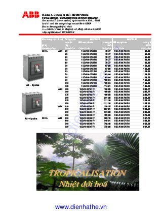 C u dao t ng d ng kh i - MCCB Formula
Formula MCCB - MOULDED CASE CIRCUIT BREAKER
S n xu t t I Ý, b o v quá t i, ng n m ch In = 20A … 630A
Lo i c nh, kh năng c t ng n m ch lên t i 50KA
B o v theo nguyên lý t nhi t
ư c nhi t i hoá, d dàng l p t, dòng nh m c t I 630A
áp ng tiêu chu n IEC 60947-2
Kh năng c t Lo I Dòng nh
m c In Mã s n ph m ơn giá Mã s n ph m ơn giá
(KA) (A) USD USD
Breaking Cap. Rated Cur. Oder Code Unit price Oder Code Unit price
36KA A1N 20 1SDA066722R1 78.77 1SDA066758R1 98.48
25 1SDA066723R1 78.77 1SDA066759R1 98.48
30 1SDA066724R1 78.77 1SDA066760R1 98.48
32 1SDA068760R1 78.77 1SDA068764R1 98.48
40 1SDA066725R1 78.77 1SDA066761R1 98.48
50 1SDA066726R1 87.08 1SDA066762R1 108.85
60 1SDA066727R1 87.08 1SDA066763R1 108.85
63 1SDA068771R1 103.64 1SDA068775R1 129.58
70 1SDA066728R1 103.64 1SDA066764R1 129.58
80 1SDA066729R1 103.64 1SDA066765R1 129.58
90 1SDA066730R1 103.64 1SDA066766R1 129.58
100 1SDA066731R1 103.64 1SDA066767R1 129.58
125 1SDA066732R1 114.01 1SDA066768R1 142.53
A2N 150 1SDA068781R1 196.59 1SDA068784R1 245.77
160 1SDA066782R1 196.59 1SDA066794R1 245.77
175 1SDA066783R1 196.59 1SDA066795R1 245.77
200 1SDA066784R1 211.38 1SDA066796R1 264.26
225 1SDA066785R1 211.38 1SDA066797R1 264.26
250 1SDA066786R1 211.38 1SDA066798R1 264.26
A3N 320 1SDA066560R1 238.35 1SDA066568R1 297.98
400 1SDA066561R1 287.21 1SDA066569R1 359.01
500 1SDA066564R1 674.88 1SDA066572R1 843.65
630 1SDA066566R1 703.62 1SDA066574R1 879.55
50KA A3S 320 1SDA066562R1 262.19 1SDA066570R1 327.75
400 1SDA066563R1 315.91 1SDA066571R1 394.91
500 1SDA066565R1 742.40 1SDA066573R1 928.03
630 1SDA066567R1 773.99 1SDA066575R1 967.51
MCCB 3P MCCB 4P
A3 - 3 poles
A3 - 4 poles
www.dienhathe.xyz
www.dienhathe.vn
 