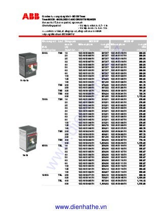 C u dao t ng d ng kh i - MCCB Tmax
Tmax MCCB - MOULDED CASE CIRCUIT BREAKER
S n xu t t i Ý, b o v quá t i, ng n m ch
Ch nh dòng quá t I: - V I trip t nhi t: t 0.7 - 1 In
- V I trip i n t : t 0.4 - 1 In
ư c nhi t i hoá, d dàng l p t, dòng nh m c t i 630A
áp ng tiêu chu n IEC 60947-2
Kh năng c t Lo i Dòng nh
m c In Mã s n ph m ơn giá Mã s n ph m ơn giá
(KA) (A) USD USD
Breaking Cap. Rated Cur. Oder Code Unit price Oder Code Unit price
50KA T2S 16 1SDA050994R1 207.37 1SDA051016R1 269.54
20 1SDA050995R1 207.37 1SDA051017R1 269.54
25 1SDA050996R1 207.37 1SDA051018R1 269.54
32 1SDA050997R1 207.37 1SDA051019R1 269.54
40 1SDA050998R1 207.37 1SDA051020R1 269.54
50 1SDA050999R1 207.37 1SDA051021R1 269.54
63 1SDA051000R1 207.37 1SDA051022R1 269.54
80 1SDA051001R1 207.37 1SDA051023R1 269.54
100 1SDA051002R1 207.37 1SDA051024R1 269.54
125 1SDA051003R1 276.94 1SDA051025R1 360.00
160 1SDA051004R1 351.35 1SDA051026R1 456.74
T3S 200 1SDA051268R1 278.26 1SDA051279R1 361.75
250 1SDA051269R1 307.22 1SDA051280R1 399.33
T4S 320 1SDA054125R1 536.62 1SDA054129R1 751.25
T5S 400 1SDA054333R1 558.24 1SDA054341R1 725.74
630 1SDA054404R1 901.85 1SDA054408R1 1,172.44
70KA T2H 16 1SDA051038R1 215.31 1SDA051060R1 279.85
20 1SDA051039R1 215.31 1SDA051061R1 279.85
25 1SDA051040R1 215.31 1SDA051062R1 279.85
32 1SDA051041R1 215.31 1SDA051063R1 279.85
40 1SDA051042R1 215.31 1SDA051064R1 279.85
50 1SDA051043R1 215.31 1SDA051065R1 279.85
63 1SDA051044R1 215.31 1SDA051066R1 279.85
80 1SDA051045R1 215.31 1SDA051067R1 279.85
100 1SDA051046R1 215.31 1SDA051068R1 279.85
125 1SDA051047R1 296.78 1SDA051069R1 385.81
160 1SDA051048R1 358.31 1SDA051070R1 465.76
T4H 200 1SDA054214R1 425.55 1SDA054281R1 595.78
250 1SDA054215R1 469.81 1SDA054282R1 657.72
320 1SDA054133R1 581.56 1SDA054137R1 814.20
T5H 400 1SDA054349R1 599.36 1SDA054357R1 779.16
630 1SDA054412R1 1,060.02 1SDA054416R1 1,378.05
85KA T2L 16 1SDA051082R1 258.36 1SDA051104R1 335.87
25 1SDA051084R1 258.36 1SDA051106R1 335.87
32 1SDA051085R1 258.36 1SDA051107R1 335.87
40 1SDA051086R1 258.36 1SDA051108R1 335.87
50 1SDA051087R1 258.36 1SDA051109R1 335.87
63 1SDA051088R1 258.36 1SDA051110R1 335.87
80 1SDA051089R1 258.36 1SDA051111R1 335.87
100 1SDA051090R1 258.36 1SDA051112R1 335.87
125 1SDA051091R1 356.14 1SDA051113R1 462.95
160 1SDA051092R1 429.97 1SDA051114R1 558.95
120KA T4L 250 1SDA054071R1 620.18 1SDA054083R1 868.19
320 1SDA054141R1 738.61 1SDA054145R1 1,034.00
T5L 400 1SDA054365R1 857.04 1SDA054373R1 1,114.12
630 1SDA054420R1 1,166.02 1SDA054424R1 1,515.88
MCCB 3P MCCB 4P
T1-T2-T3
T4-T5
www.dienhathe.xyz
www.dienhathe.vn
 