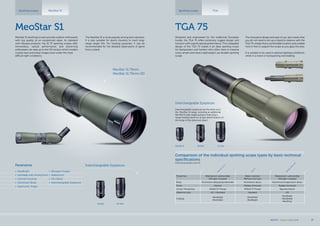 Designed and engineered for the traditional European
hunter, the TGA 75 offers extremely rugged design and
function with superb optical performance. The collapsible
design of the TGA 75 makes it an ideal spotting scope
for backpackers and hunters who often have to traverse
rocky terrain and need a lightweight, yet durable spotting
scope.
The innovative design and ease of use, also means that
you do not need to set up a tripod to observe with the
TGA 75; simply find a comfortable location and a stable
rock or tree to support the scope as you glass the area.
It is suitable to be used in adverse lighting conditions,
while in a stand or backpacking and stalking.
TGA 75
Spotting scopes TGASpotting scopes MeoStar S1
Interchangeable Eyepieces
30xWA 20-60x
Properties Waterproof, submersible
Nitrogen-charged
Water resistant
Without inert gas
Waterproof, submersible
Nitrogen-charged
Body Aluminium alloys/polycarbonate Aluminium alloys Aluminium/magnesium alloys
Finish Painted Rubber Armored Rubber Armored
Ocular Thread Size M34x0.75 Thread M34x0.75 Thread Bayonet Mount
Objective Lens HD + Standard Standard HD
Coating
MeoBright
MeoShield
MeoShield
MeoBright
MeoBright
MeoShield
MeoDrop
Comparison of the individual spotting scope types by basic technical
specifications
technical parameters p.42-45
M
eoStarS1
75
TG
A
75
M
eoStarS2
82
H
D
Interchangeable Eyepieces
30xWA30xWA-R 20-60x
Interchangeable eyepieces are the same as in
the MeoStar S1 range, including an additional
30x WA-R wide-angle eyepiece featuring a
range-finding reticle for simple determination of
the range of the observed object.
MeoStar S1
MeoStar S1 spottings scopes provide outdoor enthusiasts
with top quality at an exceptional value. As standard
with Meopta products, the S1 75 spotting scopes offer
tremendous optical performance and discerning
enthusiasts can step up to the HD version which renders
crystal clear and sharp images even under the most
difficult light conditions.
The MeoStar S1 is most popular among bird watchers.
It is also suitable for sports shooters to track long-
range target hits. For hunting purposes, it can be
recommended for the detailed observation of game
from a stand.
Parametres
•	 MeoBright
•	 Sunshade with Aiming Point
•	 Central Focusing
•	 Aluminium Body
•	 Ergonomic Shape
•	 Nitrogen Purged
•	 Waterproof
•	 HD Optics
•	 Interchangeable Eyepieces
MeoStar S1 75mm
MeoStar S1 75mm HD
MEOPTA l Product Catalog 2014 37
 