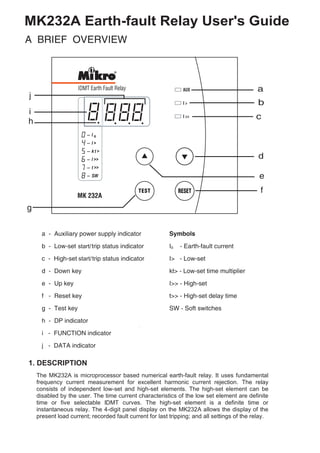 1. DESCRIPTION
MK232A Earth-fault Relay User's Guide
start/
start/
The MK232A is microprocessor based numerical earth-fault relay. It uses fundamental
frequency current measurement for excellent harmonic current rejection. The relay
consists of independent low-set and high-set elements. The high-set element can be
disabled by the user. The time current characteristics of the low set element are definite
time or five selectable IDMT curves. The high-set element is a definite time or
instantaneous relay. The 4-digit panel display on the MK232A allows the display of the
present load current; recorded fault current for last tripping; and all settings of the relay.
 