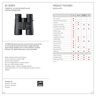 6 7
BV SERIES
POWERFUL ALLROUND BINOCULARS.
GERMAN ENGINEERING.
The MINOX BV series binoculars are particularly characterised
by their perfected optical performance, rugged and grippy
body, and high reliability even in harsh situations. Excellent
binoculars for wildlife observation in any environment.
- 	 Highly optimised optical performance
- 	 M* lens coating for a bright image
- 	 Neutral colour rendition
- 	 8x or 10x magnification for distant objects
- 	 Non-slip, sturdy aluminium body
- 	 Turnable eyecups - ideal for eyeglass wearers
- 	 Waterproof down to 5 m and nitrogen gas purged to prevent
	 fogging
Available as:
BV 8x25 / BV 10x25
BV 8x42 / BV 10x42
BV 8x56
PRODUCT FEATURES
BINOCULARS
HG BL HD
BL 8x56
BL 15x56
BV
APO / ED glass    1
Special optical high-tech glass
HD optics
Phase-corrected prisms
MinoBright® prism coating
M* multi-layer lens coating
MINOTEC coating    1
Extended field of view
Magnesium body
Lightweight construction
Comfort Bridge
Twist-up eyecups
Quick Close Focus
Distance scale
Argon gas filling
Nitrogen gas filling
Waterproof
Made in Germany
Volkswagen Design
MINOX Comfort Service
1
APO HG
 