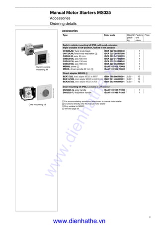 11
Door mounting kit
Switch cubicle
mounting kit
Manual Motor Starters MS325
Accessories
Ordering details
2CDC241001F003
2CDC243008F005
Accessories
Type Order code Weight/ Packing Price
piece unit
kg piece
Switch cubicle mounting kit IP65, with axial extension
triple lockable in Off position, locked in On position
OHB2AJM, Twist knob black 1SCA 022 384 R6940 1
OHY2AJM,Twist knob red/yellow ቤ 1SCA 022 384 R7080 1
OXS5X 85, axis 85 mm 1SCA 022 347 R3570 1
OXS5X105, axis 105 mm 1SCA 022 347 R3650 1
OXS5X130, axis 130 mm 1SCA 022 353 R4540 1
OXS5X180, axis 180 mm 1SCA 022 353 R4620 1
MSMN, driver ቢ 1SAM 101 923 R0001 1
MSOX, driver spindle 32 mm ባ 1SAM 101 924 R0001 1
Direct adapter MS325 ብ
BEA7/325, direct adapter MS325 to B6/B7 1SBN 080 906 R1001 0.021 10
BEA16/325, direct adapter MS325 to A9/A12/A16 1SBN 081 406 R1001 0.031 10
BEA26/325, direct adapter MS325 to A26 1SBN 082 406 R1001 0.031 10
Door mounting kit IP65, Lockable in Off-position
DMS325-G, grey handle 1SAM 101 941 R1000 1
DMS325-Y, red/yellow handle 1SAM 101 941 R1001 1
ቢ For accommodating spindle and attachment to manual motor starter
ባ Is screwed directly onto the manual motor starter
ቤOnly suitable for MS325
ብ See also page 34
www.dienhathe.xyz
www.dienhathe.vn
 