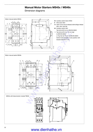 32
SST9003
➋ Auxiliary switch block HKS4
➧ Pilot swich SK4
➥ Open-circuit shunt release/undervoltage release
AA4, UA4, UA4-HK
➌ Auxiliary switch HK4
Top-hat rail 35 mm to DIN EN 50022
➩ Top-hat rail 35 mm, 15 mm high
to DIN EN 50022
or Top-hat rail 75 mm to DIN EN 50023
Switch knob lockable in zero position with
bracket diameter 5 mm
Motor manual starter MS45x
Motor manual starter MS49x
SST9004
SST8193
MS45x with disconnector module TB450
Manual Motor Starters MS45x / MS49x
Dimension diagrams
www.dienhathe.xyz
www.dienhathe.vn
 