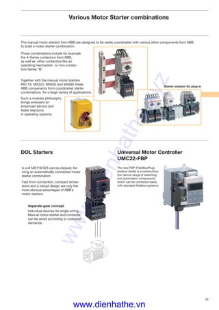 35
The manual motor starters from ABB are designed to be easily coordinated with various other components from ABB
to build a motor starter combination.
These combinations include for example
the A-Series contactors from ABB,
as well as other contactors like an
operating mechanism or mini-contac-
tors Series “B”.
Together with the manual motor starters
MS116, MS325, MS450 and MS495 these
ABB components form coordinated starter
combinations for a large variety of applications.
Such a modular philosophy
brings endusers an
emproved service and
faster reactions
in operating systems.
The new FBP (FieldBusPlug)
product family is a communica-
tion device range of switching
and automation components
which can be combined easily
with standard ﬁeldbus systems.
A unit MS116/325 can be clipped, for-
ming an automatically connected motor
starter combination.
Fast front connection, compact dimen-
sions and a robust design are only the
most obvious advantages of ABB’s
motor starters.
Seperate gear concept
Individual devices for single wiring.
Manual motor starter and contactor
can be wired according to customer
demands.
DOL Starters
Starter solution for plug-in
Various Motor Starter combinations
Universal Motor Controller
UMC22-FBP
www.dienhathe.xyz
www.dienhathe.vn
 