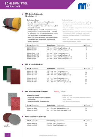 SCHLEIFMITTEL
abrasives


            MP Schleifvliesrolle
            10 m Rolle / roll

              Technische Daten:                                        Technical Data:
              - Fine (grün): Entfernen von Rost, Schmutz;              - non-woven material for matting and scuffing
                Anschliff von oxydiertem Metall                        - Fine (green): removal of rust, dirt; scuffing of 		
              - Very Fine (rot): für unlackiertes Aluminium, Zink, 	     oxidised metal
                Kunststoff und Holz                                    - Very Fine (red): for non-painted aluminium, zinc, 	
              - Ultra Fine (grau): Anschliff von verschiedenen 	         plastic and wood
                Untergründen, 2-Komponentenlack, Lacknebel 	           - Ultra Fine (grey): scuffing of various substrates, 	
                im Overspray- und Grundmaterialbereich sowie 	           2-component paints, overspray and primer
                zum Anschleifen vor dem Beilackieren                     material, as well as for the scuffing prior to
              - Micro Fine (gold): Mattieren von angrenzenden 	          blending
                Flächen vor dem Beilackieren von empfind-              - Micro Fine (gold): matting of blending areas
                lichen Farbtönen                                         especially for delicate shades

              Art.-Nr. / Item-No.		            Bezeichnung / Description	                  		               VE / Unit
              56808 056837                     100 mm x 10 m, Very Fine (rot/red)                               1
              56808 056894                     100 mm x 10 m, Ultra Fine (grau/grey)                            1

              56808 05BY323R                   115 mm x 10 m, Fine (grün/green)                                 1
              56808 05BY373R                   115 mm x 10 m, Very Fine (rot/red)                               1
              56808 05BY943R                   115 mm x 10 m, Ultra Fine (grau/grey)                            1
              56808 05950                      115 mm x 10 m, Micro Fine (gold/gold)                            1



            MP Schleifvlies Pad
              Art.-Nr. / Item-No.		            Bezeichnung / Description	                  		               VE / Unit
              56808 011532                     115 x 280 mm, Fine (grün/green)
              56808 011537                     115 x 280 mm, Very Fine (rot/red)                              10
              56808 011594                     115 x 280 mm, Ultra Fine (grau/grey)                           10
                                                                                                              10
              56808 019032                     152 x 229 mm, Fine (grün/green)
              56808 019037                     152 x 229 mm, Very Fine (rot/red)                              20
              56808 019094                     152 x 229 mm, Ultra Fine (grau/grey)                           20
                                                                                                              20




            MP Schleifvlies Pad FINAL                       - NEU / NEW -
              Technische Daten:                                        Technical Data:
              - neuartiges, sehr dünnes Schleifvlies                   - novel, very thin non-woven sanding material
              - hochflexibel                                           - highly flexible
              - länger anhaltende Schleifwirkung                       - long lasting abrasive effect

              Art.-Nr. / Item-No.		            Bezeichnung / Description	                  		               VE / Unit

              56808 019096                     152 x 229 mm, Very Fine (rot/red)                              10
              56808 019097                     152 x 229 mm, Ultra Fine (grau/grey)                           10



            MP Schleifvlies Scheibe
              Art.-Nr. / Item-No.		            Bezeichnung / Description	                  		               VE / Unit
              56808 060037                    150 mm, Very Fine (rot/red)                                     10
              56808 060094                    150 mm, Ultra Fine (grau/grey)                                  10




 14                                www.master-products.com
 
