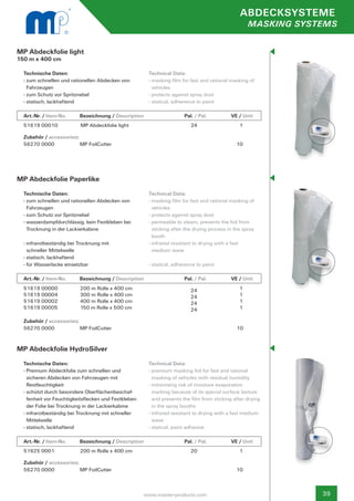 ABDECKSYSTEME
                                                                                                        MASKING SYSTEMS


MP Abdeckfolie light
150 m x 400 cm

  Technische Daten:                                      Technical Data:
  - zum schnellen und rationellen Abdecken von           - masking film for fast and rational masking of
    Fahrzeugen                                             vehicles
  - zum Schutz vor Spritznebel                           - protects against spray dust
  - statisch, lackhaftend                                - statical, adherence to paint

  Art.-Nr. / Item-No.     Bezeichnung / Description	                     Pal. / Pal.   	        VE / Unit
  51619 00010              MP Abdeckfolie light                              24                     1

  Zubehör / accessories:		          					
  56270 0000 	          MP FoilCutter					                                                        10
  				




MP Abdeckfolie Paperlike
  Technische Daten:                                      Technical Data:
  - zum schnellen und rationellen Abdecken von 	         - masking film for fast and rational masking of 		
    Fahrzeugen                                             vehicles
  - zum Schutz vor Spritznebel                           - protects against spray dust
  - wasserdampfdurchlässig, kein Festkleben bei 	        - permeable to steam, prevents the foil from
    Trocknung in der Lackierkabine                         sticking after the drying process in the spray 		
                                                           booth
  - infrarotbeständig bei Trocknung mit 		               - infrared resistant to drying with a fast 	        	
    schneller Mittelwelle                                  medium wave
  - statisch, lackhaftend
  - für Wasserlacke einsetzbar                           - statical, adherence to paint

  Art.-Nr. / Item-No.     Bezeichnung / Description	                     Pal. / Pal.   	        VE / Unit
  51619 00000             200 m Rolle x 400 cm                              24                      1
  51619 00004             300 m Rolle x 400 cm                              24                      1
  51619 00002             400 m Rolle x 400 cm                              24                      1
  51619 00005             150 m Rolle x 500 cm                              24                      1

  Zubehör / accessories:		          					
  56270 0000 	          MP FoilCutter	 			                                                        10


MP Abdeckfolie HydroSilver
  Technische Daten:                                      Technical Data:
  - Premium Abdeckfolie zum schnellen und                - premium masking foil for fast and rational
    sicheren Abdecken von Fahrzeugen mit                   masking of vehicles with residual humidity
    Restfeuchtigkeit                                     - minimising risk of moisture evaporation
  - schützt durch besondere Oberflächenbeschaf-	           marking because of its special surface texture 	
    fenheit vor Feuchtigkeitsflecken und Festkleben 	      and prevents the film from sticking after drying 	
    der Folie bei Trocknung in der Lackierkabine           in the spray booths
  - infrarotbeständig bei Trocknung mit schneller 	      - infrared resistant to drying with a fast medium 	
    Mittelwelle                                            wave
  - statisch, lackhaftend                                - statical, paint adhesive

  Art.-Nr. / Item-No.     Bezeichnung / Description	                     Pal. / Pal.   	        VE / Unit
  51625 0001              200 m Rolle x 400 cm                              20                      1

  Zubehör / accessories:		          					
  56270 0000 	          MP FoilCutter				                                                         10
  				


                                                        www.master-products.com                                     39
 