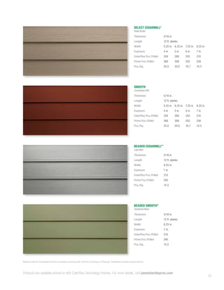 13
Products are available primed or with ColorPlus Technology finishes. For more details, visit jameshardiepros.com
*Beaded Cedarmill©
and Beaded Smooth are available exclusively with ColorPlus Technology in Pittsburgh, Philadelphia and New England districts.
SELECT CEDARMILL©
Khaki Brown
Thickness 5/16 in.
Length 12 ft. planks
Width 5.25 in. 6.25 in. 7.25 in. 8.25 in.
Exposure 4 in. 5 in. 6 in. 7 in.
ColorPlus Pcs./Pallet 324 280 252 210
Prime Pcs./Pallet 360 308 252 230
Pcs./Sq. 25.0 20.0 16.7 14.3
SMOOTH
Countrylane Red
Thickness 5/16 in.
Length 12 ft. planks
Width 5.25 in. 6.25 in. 7.25 in. 8.25 in.
Exposure 4 in. 5 in. 6 in. 7 in.
ColorPlus Pcs./Pallet 324 280 252 210
Prime Pcs./Pallet 360 308 252 230
Pcs./Sq. 25.0 20.0 16.7 14.3
BEADED CEDARMILL©
*
Light Mist
Thickness 5/16 in.
Length 12 ft. planks
Width 8.25 in.
Exposure 7 in.
ColorPlus Pcs./Pallet 210
Prime Pcs./Pallet 240
Pcs./Sq. 14.3
BEADED SMOOTH*
Heathered Moss
Thickness 5/16 in.
Length 12 ft. planks
Width 8.25 in.
Exposure 7 in.
ColorPlus Pcs./Pallet 210
Prime Pcs./Pallet 240
Pcs./Sq. 14.3
 