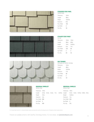 17
*5 in. Straight Edge Panel and 5 in. Individual Shingles available exclusively with ColorPlus Technology and only in Philadelphia and New England districts.
STRAIGHT EDGE PANEL*
Iron Gray
HALF ROUNDS
Not available with ColorPlus Technology
STAGGERED EDGE PANEL
Sandstone Beige
Thickness 1/4 in.
Length 48 in.
Height 15.25 in.
Exposure 6 in.
Pcs./Pallet 100
Sq./Pallet 2
Pcs./Sq. 50
Thickness 1/4 in. 1/4 in.
Length 48 in. 48 in.
Height 14 in. 15.25 in.
Exposure 5 in. 7 in.
Pcs./Pallet 120 86
Sq./Pallet 2 2
Pcs./Sq. 60 43
Thickness 1/4 in.
Length 48 in.
Height 15.25 in.
Exposure 7 in.
Pcs./Pallet 86
Sq./Pallet 2
Pcs./Sq. 43
INDIVIDUAL SHINGLES
Monterey Taupe
Thickness 1/4 in.
Length 4.2 in. 5.5 in. 6.75 in. 7.25 in. 10 in.
Height 15.25 in.
Exposure 7 in.
Pcs./Pallet 630
Sq./Pallet 2
Pcs./Sq. 315
INDIVIDUAL SHINGLES*
Monterey Taupe
Thickness 1/4 in.
Length 3.5 in. 4.5 in. 5.5 in. 7 in. 8.75 in.
Height 14 in.
Exposure 5 in.
Pcs./Pallet 960
Sq./Pallet 2
Pcs./Sq. 480
Products are available primed or with ColorPlus Technology finishes. For more details, visit jameshardiepros.com
 