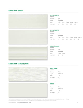 19
HardieTrim Boards are available primed or with ColorPlus Technology in DC/Baltimore and Virginia districts. For other districts, HardieTrim Boards are exclusively available with ColorPlus Technology.
HardieTrim Batten Boards are available primed or with ColorPlus Technology. HardieTrim Crown Mouldings are available exclusively in ColorPlus Technology.
4/4 NT3®
SMOOTH
Arctic White
5/4 NT3®
SMOOTH
Arctic White
CROWN MOULDING
Arctic White
RUSTIC GRAIN®
Arctic White
SMOOTH
Arctic White
Thickness .75 in.
Length 12 ft. boards
Width 3.5 in. 5.5 in. 7.25 in. 9.25 in. 11.25 in.
Pcs./Pallet 312 208 156 104 104
Thickness 1 in.
Length 12 ft. boards
Width 3.5 in. 4.5 in. 5.5 in. 7.25 in. 9.25 in. 11.25 in.
Pcs./Pallet 240 200 160 120 80 80
Thickness .75 in.
Length 12 ft. boards
Width 3.25 in. 5.25 in.
Pcs./Pallet 50 48
Thickness .75 in.
Length 12 ft. boards
Width 2.5 in.
Pcs./Pallet 437
Thickness .75 in.
Length 12 ft. boards
Width 2.5 in.
Pcs./Pallet 437
HARDIETRIM®
BOARDS
HARDIETRIM®
BATTEN BOARDS
For more details, visit jameshardiepros.com
 