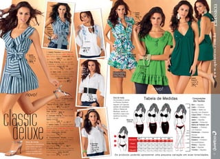 7. Vestido
                                                                                                                                 Calista

                                                                                                                                      ,

                        2. Blusa
                           Amanda


                               ,
                                                                          bordado

                        novo!                                         3. Bata Code

                         1. Vestido Theodora, sarja de algodão,                 ,
 1. Vestido              babados no decote e grátis faixa com
    Theodora             laço. Comp. clássico. Listrado 567.110
                         Tam.: P M, G
                                ,            ,  GG 101,99
        ,                 2. Blusa Amanda, sarja de algodão,
                           babados e fechamento com faixa
                            embutida. Listrado 567.190                                                                               8. Túnica/Vestido
                              Tam.: P M, G
                                     ,           ,   GG   81,99
                                                                    4. Camisa
                                                                       Lukesi
                                                                                                                                        Micaely

                               3. Bata Code, popeline (100%
                                algodão), com abertura falsa e             ,                                                                 ,
                                     botões. Bordado no busto.
                                         Branca 480.303                                                                                                             9. Vestido

                                             Tam.: P M
                                                    ,          ,                                                                                                       Abayomi


                                                                                                                                                                            ,
                                                                                                                                                         novo!
novo!                                                                           5. Cinto
                                                                                   Space
                                             4. Camisa Lukesi,
                                   tricoline com elastano,                             ,
                                                                                                  Dica de moda:
                                                                                                  Os produtos à venda
                                                                                                                                              Tabela de Medidas         Composições
                                                                                                                                                                        dos Tecidos
                              manga 7/8 e gola alta.                                              no Revista Quintess
                          Branca 472.097 Preta 486.442                                            seguem um rigoroso                                                   Brim = Algodão
                         Tam.: P M, G
                                 ,           , GG 51,99                                           padrão de qualidade.                                            1,65 Cetim = Poliéster
                         5. Cinto Space, em elástico, com fivela.                                 Utilize a Tabela de                                                  Cotton = Malha de

                                                 ,
                         Preto 494.687                                                            Medidas, acerte na                                                   Algodão com Elastano
                         Tam.: 62X10 cm                                                           escolha e siga a sua
                                                                                                                                                                       Crepe Chifon = Poliéster
                         6. Camisete Helenita, tricoline. botões                                  essência Quintess
                         frontais e mangas império.                                                                                                                    Helanca = Poliéster
                                                                                                  de ser!
                         Branca 514.224                                                                           Altura da                                            Jeans = Algodão
                         Tam.: P M, G
                                ,            ,      GG 61,99                                                       Cintura                                             Liganete = Poliamida
                         7. Vestido Calista, em algodão estam-                                                                                                         Malha de Poliéster com
                         pado com botões, bolsos no peito e na                                                                                                         Elastano = Poliéster
                         linha da cintura. Grátis faixa no mesmo
                         tecido para usar como cinto. Com.                                                                                                             com Elastano
                         micro. Estampada 555.550                                                                                                                      Poliviscose = Poliéster/
                         Tam.: P M,G
                                ,            ,                                                                                                                         Viscose
                         8. Túnica/Vestido Micaely, tricoline.                                                                                                         Poliviscose com
                         Com babado no decote e na barra e                                                                                                             Elastano = Poliéster/
Dica de moda:            zíper nas costas. Comp. micro.                                                                                                                Viscose/Elastano
                         Verde Bandeira 526.028                                     6. Camisete
Aposte na alfaiataria
para estar sempre        Tam.: P M,G
                                ,            ,  GG 96,99                               Helenita                                                                        Ribana = Algodão
                                                                                                                                                                       Sarja = Algodão
bem vestida. Luxo        9. Vestido Abayomi, poliéster e viscose
hoje é investir em
                         com elastano, lantejoulas bordadas no
                         busto e capuz. Verde 522.978                                       ,                                                                          Tricoline = Algodão

peças atemporais!
                         Tam.: P M,G
                                ,            ,   GG 41,   99
                                                                                                   Os produtos poderão apresentar uma pequena variação em suas tonalidades.
 