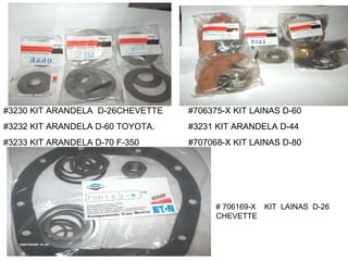 #3230 KIT ARANDELA  D-26CHEVETTE #3232 KIT ARANDELA D-60 TOYOTA. #3233 KIT ARANDELA D-70 F-350  #706375-X KIT LAINAS D-60  #3231 KIT ARANDELA D-44  #707068-X KIT LAINAS D-80  # 706169-X  KIT  LAINAS  D-26  CHEVETTE   