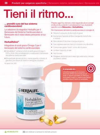 38          Prodotti per esigenze specifiche | Benessere sistema cardiovascolare | Benessere età




Tieni il ritmo...
                                                                   Prepara oggi il tuo domani, inizia seguendo alcuni consigli
...	prenditi	cura	del	tuo	sistema	                                 di stile di vita e prendi in considerazione l’uso di prodotti
cardiovascolare!                                                   specifici come Niteworks	e	Herbalifeline.
La selezione di integratori Herbalife per il                       Per il benessere del sistema cardiovascolare si consiglia di:
Benessere del Sistema Cardiovascolare e                            • Ridurre il consumo di cibi ricchi di grassi
Benessere età è stata ideata pensando al tuo
                                                                   • Aumentare l’apporto di fibra mangiando tanta frutta
futuro.                                                              e verdura

Herbalifeline®                                                     • Bere almeno 8 bicchieri d’acqua al giorno
                                                                   • Fare regolare esercizio fisico e condurre una vita attiva
Integratore di acidi grassi Omega 3 per il
benessere del sistema cardiovascolare.                             • Consumare grassi ‘buoni’ come olio di pesce




                                          Ω
• Herbalifeline® contiene le fonti di acidi grassi Omega 3,        • Limitare l’apporto di sale
  EPA e DHA, che contribuiscono a supportare il benessere          • Non fumare
  del sistema cardiovascolare
                                                                   • Ritagliare del tempo per il relax ogni settimana; cercare
• Oli essenziali derivati da timo, menta piperita e chiodo di        di evitare lo stress
  garofano per ridurre al minimo il retrogusto di pesce
90 capsule Cod. 0065


                                                                                   A	proposito	di...
                                                                                   L’Autorità europea per la sicurezza
                                                                                   alimentare	(EFSA)	raccomanda	per	gli	
                                                                                   adulti un apporto giornaliero di 250mg di
                                                                                   acidi grassi omega-3 a catena lunga perché
                                                                                   potrebbe ridurre il rischio di cardiopatie.




                          30 anni dedicati a cambiare la vita delle persone
 