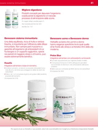 essere sistema immunitario                                                                                                                              41

                                Migliore digestione
                                Prodotti concepiti per depurare l’organismo
                                coadiuvando la digestione e il naturale
                                processo di eliminazione delle scorie.
                                Per maggiori dettagli, consultare pagina 21.
                                Aloe Concentrato alle Erbe Cod. 0025
                                Aloe Max Cod. 1137




    Benessere	sistema	immunitario                                              Benessere	uomo	e	Benessere	donna
    Una dieta equilibrata, ricca di frutta e verdura                           Herbalife sa bene che uomini e donne
    fresche, è importante per l’efficienza delle difese                        hanno esigenze specifiche tra le quali quella
    immunitarie. Non sempre però riusciamo a                                   di far fronte allo stress e ai frenetici ritmi della vita
    garantire all’organismo gli antiossidanti di cui                           moderna.
    ha bisogno e un supporto aggiuntivo, specie
    nei periodi di maggiore stress o d’inverno, può
                                                                               Prelox	Blue	
    essere estremamente benefico.
                                                                               Integratore alimentare con antiossidanti e aminoacidi.
                                                                               • Formulato appositamente per migliorare il livello di vitalità
    RoseOx	                                                                    • 4 Compresse forniscono il 100% dell’apporto giornaliero
                                                                                 raccomandato di vitamina E, noto antiossidante dall’azione
    Integratore alimentare a base di rosmarino.                                  protettiva
    • Contiene rosmarino, un’erba le cui proprietà antiossidanti sono          • Valido aiuto per contrastare gli effetti dannosi dei radicali liberi
      note all’uomo da tempo per proteggere le cellule dai danni dei
      radicali liberi                                                          60 compresse Cod. 0039
    • Pratico: da 1 a 3 compresse al giorno per godere delle benefiche
      proprietà del rosmarino
    30 compresse Cod. 0139




              Per saperne di più su Herbalife e i suoi prodotti, visita il sito www.herbalife.it e/o rivolgiti ad un Distributore Indipendente Herbalife
 