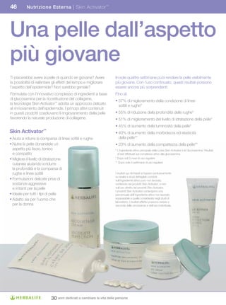 46         Nutrizione Esterna | Skin Activator ™




Una pelle dall’aspetto
più giovane
Ti piacerebbe avere la pelle di quando eri giovane? Avere           In sole quattro settimane puoi rendere la pelle visibilmente
la possibilità di rallentare gli effetti del tempo e migliorare     più giovane. Con l’uso continuato, questi risultati possono
l’aspetto dell’epidermide? Non sarebbe geniale?                     essere ancora più sorprendenti:
Formulata con l’innovativo complesso di ingredienti a base          Fino al:
di glucosamina per la ricostituzione del collagene,
                                                                    • 57% di miglioramento della condizione di linee
la tecnologia Skin Activator™ adotta un approccio delicato
                                                                      sottili e rughe*
al rinnovamento dell’epidermide. I principi attivi contenuti
in questi prodotti coadiuvano il ringiovanimento della pelle        • 55% di riduzione della profondità delle rughe*
favorendo la naturale produzione di collagene.                      • 51% di miglioramento del livello di idratazione della pelle*
                                                                    • 45% di aumento della luminosità della pelle*
Skin	Activator™                                                     • 40% di aumento della morbidezza ed elasticità
• Aiuta a ridurre la comparsa di linee sottili e rughe                della pelle**
• Nutre la pelle donandole un                                       • 23% di aumento della compattezza della pelle**
  aspetto più liscio, tonico                                        * L’ingrediente attivo principale della Linea Skin Activator è la Gluciosamina. Risultati
  e compatto                                                          di test effettuati sul complesso attivo alla glucosamina.
• Migliora il livello di idratazione                                * Dopo soli 3 mesi di uso regolare
                                                                    ** Dopo sole 4 settimane di uso regolare
  cutanea aiutando a ridurre
  la profondità e la comparsa di
  rughe e linee sottili                                             I risultati qui dichiarati si basano esclusivamente
                                                                    su analisi e studi dettagliati condotti
• Formulazioni delicate prive di                                    sull’ingrediente attivo puro non lavorato
  sostanze aggressive                                               contenuto nei prodotti Skin Activator, e non
  e irritanti per la pelle                                          sull’uso diretto dei prodotti Skin Activator.
                                                                    I prodotti Skin Activator contengono una
• Ideale per tutti i tipi di pelle                                  percentuale dell’ingrediente attivo non lavorato
• Adatto sia per l’uomo che                                         equiparabile a quella considerata negli studi di
                                                                    laboratorio. I risultati effettivi possono variare a
  per la donna                                                      seconda delle circostanze e dell’uso individuale.




                           30 anni dedicati a cambiare la vita delle persone
 