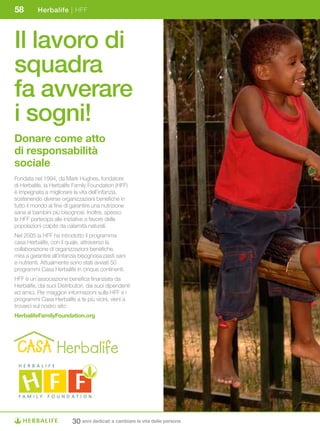 58        Herbalife | HFF




Il lavoro di
squadra
fa avverare
i sogni!
Donare	come	atto	
di	responsabilità	
sociale
Fondata nel 1994, da Mark Hughes, fondatore
di Herbalife, la Herbalife Family Foundation (HFF)
è impegnata a migliorare la vita dell’infanzia,
sostenendo diverse organizzazioni benefiche in
tutto il mondo al fine di garantire una nutrizione
sana ai bambini più bisognosi. Inoltre, spesso
la HFF partecipa alle iniziative a favore delle
popolazioni colpite da calamità naturali.
Nel 2005 la HFF ha introdotto il programma
casa Herbalife, con il quale, attraverso la
collaborazione di organizzazioni benefiche,
mira a garantire all’infanzia bisognosa pasti sani
e nutrienti. Attualmente sono stati avviati 50
programmi Casa Herbalife in cinque continenti.
HFF è un’associazione benefica finanziata da
Herbalife, dai suoi Distributori, dai suoi dipendenti
ed amici. Per maggiori informazioni sulla HFF e i
programmi Casa Herbalife a te più vicini, vieni a
trovarci sul nostro sito:
HerbalifeFamilyFoundation.org




                          30 anni dedicati a cambiare la vita delle persone
 