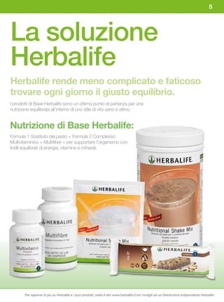 5




La soluzione
Herbalife
Herbalife	rende	meno	complicato	e	faticoso	
trovare	ogni	giorno	il	giusto	equilibrio.
I prodotti di Base Herbalife sono un ottimo punto di partenza per una
nutrizione equilibrata all’interno di uno stile di vita sano e attivo.


Nutrizione	di	Base	Herbalife:
Formula 1 Sostituto del pasto + Formula 2 Complesso
Multivitaminico + Multifibre = per supportare l’organismo con
livelli equilibrati di energia, vitamine e minerali.




       Per saperne di più su Herbalife e i suoi prodotti, visita il sito www.herbalife.it e/o rivolgiti ad un Distributore Indipendente Herbalife
 
