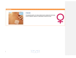 HORMONAL


           PARCHE
           Un pequeño parche, se coloca sobre la piel; contiene las hormonas,
           y las va soltando, estas son absorbidas a través de la piel.




                               4
 