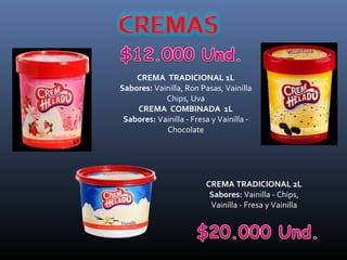 CREMA TRADICIONAL 1L
Sabores: Vainilla, Ron Pasas, Vainilla
            Chips, Uva
    CREMA COMBINADA 1L
 Sabores: Vainilla - Fresa y Vainilla -
            Chocolate




                         CREMA TRADICIONAL 2L
                          Sabores: Vainilla - Chips,
                          Vainilla - Fresa y Vainilla
 