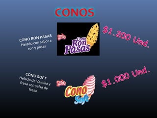 S AS
CONO    RON PA a
             sabor
 Hel ado con
                as
      ron y pas




    CONO
Helad       SOFT
      od
fresa c e Vainilla y
       on sal
              sa de
      fresa
 