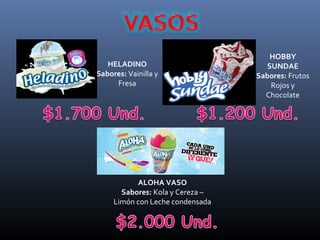 HOBBY
   HELADINO                         SUNDAE
Sabores: Vainilla y               Sabores: Frutos
     Fresa                           Rojos y
                                    Chocolate




           ALOHA VASO
       Sabores: Kola y Cereza –
     Limón con Leche condensada
 