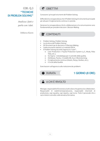 COD. Q.3                OBIETTIVI
         “TECNICHE
                            Conoscere i principali strumenti del Problem Solving.
DI PROBLEM SOLVING”
                            Diffondere la consapevolezza che il Problem Solving è lo strumento principale
       Analizza i fatti e   per attuare il miglioramento continuo in azienda.

        parla con i dati.   Generare la consapevolezza che la collaborazione e la comunicazione sono
                            fondamentali per prendere decisioni: Decision Making.


          Ishikawa Kaoru
                                    CONTENUTI

                            •	   Problem Setting, Problem Solving.
                            •	   La struttura del Problem Solving.
                            •	   Gli Strumenti per le decisioni e il Decision Making.
                            •	   I sette strumenti statistici e il metodo PDCA.
                            •	   Il Problem Solving secondo l’approccio “Lean”:
                                    ɲɲ Lean Production e Toyota Production System (5 S, Muda, Poka
                                        Yoke, etc.);
                                    ɲɲ Six Sigma - metodologia per il controllo della qualità;
                                    ɲɲ Hishikawa, Pareto, il modello 8D, A3 e il Brainstorming;
                                    ɲɲ Il miglioramento continuo (Kaizen, Kairyo, Kanban, etc.);
                                    ɲɲ I Circoli della Qualità.

                            Esercitazioni sull’approccio alla risoluzione dei problemi.



                                    DURATA                                  1 GIORNO (8 ORE)


                                    A CHI È RIVOLTO

                            Manager, responsabili di funzione e a tutti coloro che gestiscono collaboratori.
                            Responsabili di stabilimento/produzione, responsabili intermedi di
                            produzione, capi squadra, capi reparto, capi turno. Tutto il personale che a
                            vario titolo è coinvolto nella tematica formativa.




                                         12
 