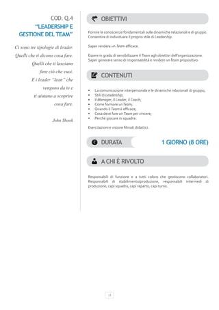 COD. Q.4                      OBIETTIVI
       “LEADERSHIP E
                                   Fornire le conoscenze fondamentali sulle dinamiche relazionali e di gruppo.
  GESTIONE DEL TEAM”               Consentire di individuare il proprio stile di Leadership.

Ci sono tre tipologie di leader.   Saper rendere un Team efficace.

Quelli che ti dicono cosa fare.    Essere in grado di sensibilizzare il Team agli obiettivi dell’organizzazione.
                                   Saper generare senso di responsabilità e rendere un Team propositivo.
         Quelli che ti lasciano
             fare ciò che vuoi.
                                           CONTENUTI
         E i leader “lean” che
               vengono da te e     •	   La comunicazione interpersonale e le dinamiche relazionali di gruppo;
          ti aiutano a scoprire    •	   Stili di Leadership;
                                   •	   Il Manager, il Leader, il Coach;
                     cosa fare.    •	   Come formare un Team;
                                   •	   Quando il Team è efficace;
                                   •	   Cosa deve fare un Team per vincere;
                                   •	   Perché giocare in squadra.
                    John Shook
                                   Esercitazioni e visione filmati didattici.



                                           DURATA                                  1 GIORNO (8 ORE)


                                           A CHI È RIVOLTO

                                   Responsabili di funzione e a tutti coloro che gestiscono collaboratori.
                                   Responsabili di stabilimento/produzione, responsabili intermedi di
                                   produzione, capi squadra, capi reparto, capi turno.




                                                13
 