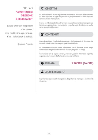 COD. M.3                OBIETTIVI
           “ASSISTENTI DI
                                 La professionalità di una segretaria e assistente di direzione è determinata
               DIREZIONE         sia dalla capacità di saper organizzare il proprio lavoro sia dalla capacità
           E SEGRETARIE”         comunicativa e manageriale.

                                 Il corso ha il duplice obiettivo di formare una professionalità con competenze
 Essere umili con i superiori    tecniche, organizzative e comunicative verso il proprio direttore, ma anche
                                 verso i propri collaboratori.
                 è un dovere.
Con i colleghi è una cortesia.
                                         CONTENUTI
 Con i subordinati è nobiltà.
                                 Come è cambiato il ruolo della segretaria e dell’ assistente di direzione. La
             Benjamin Franklin   comunicazione come fattore principale di mediazione.

                                 La riservatezza di ruolo: come relazionarsi con il direttore e con propri
                                 collaboratori. Organizzare le attività: il lavoro, l’agenda e i viaggi.

                                 Comunicare con gli ospiti. Scrivere, archiviare, gestire il tempo e l’agenda,
                                 organizzare un viaggio d’affari e comunicare al telefono.



                                         DURATA                                 2 GIORNI (16 ORE)


                                         A CHI È RIVOLTO

                                 Segretarie e responsabili di segreteria. Segretarie di manager e Assistenti di
                                 direzione.




                                             28
 