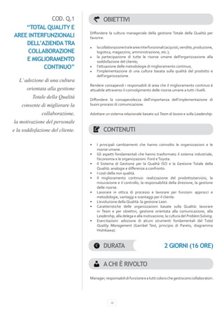 COD. Q.1                      OBIETTIVI
    “TOTAL QUALITY E
                                  Diffondere la cultura manageriale della gestione Totale della Qualità per
AREE INTERFUNZIONALI              favorire:
    DELL’AZIENDA TRA
                                  •	   la collaborazione tra le aree interfunzionali (acquisti, vendite, produzione,
     COLLABORAZIONE                    logistica, magazzino, amministrazione, etc.);
                                  •	   la partecipazione di tutte le risorse umane dell’organizzazione alla
    E MIGLIORAMENTO                    soddisfazione del cliente;
          CONTINUO”               •	   l’attuazione delle metodologie di miglioramento continuo;
                                  •	   l’implementazione di una cultura basata sulla qualità del prodotto e
                                       dell’organizzazione.
   L’ adozione di una cultura
                                  Rendere consapevoli i responsabili di area che il miglioramento continuo è
       orientata alla gestione    attuabile attraverso il coinvolgimento delle risorse umane a tutti i livelli.
         Totale della Qualità     Diffondere la consapevolezza dell’importanza dell’implementazione di
    consente di migliorare la     buoni processi di comunicazione.

              collaborazione,     Adottare un sistema relazionale basato sul Team di lavoro e sulla Leadership.

la motivazione del personale
e la soddisfazione del cliente.            CONTENUTI

                                  •	   I principali cambiamenti che hanno coinvolto le organizzazioni e le
                                       risorse umane.
                                  •	   Gli aspetti fondamentali che hanno trasformato il sistema industriale,
                                       l’economia e le organizzazioni: Ford e Toyota.
                                  •	   Il Sistema di Gestione per la Qualità ISO e la Gestione Totale della
                                       Qualità: analogie e differenze a confronto.
                                  •	   I costi della non qualità.
                                  •	   Il miglioramento continuo: realizzazione del prodotto/servizio, la
                                       misurazione e il controllo, la responsabilità della direzione, la gestione
                                       delle risorse.
                                  •	   Lavorare in ottica di processo e lavorare per funzioni: approcci e
                                       metodologie, vantaggi e svantaggi per il cliente.
                                  •	   L’evoluzione della Qualità: la gestione Lean.
                                  •	   Caratteristiche delle organizzazioni basate sulla Qualità: lavorare
                                       in Team e per obiettivi, gestione orientata alla comunicazione, alla
                                       Leadership, alla delega e alla motivazione; la cultura del Problem Solving.
                                  •	   Esercitazioni: adozione di alcuni strumenti fondamentali del Total
                                       Quality Management (Gambel Test, principio di Pareto, diagramma
                                       Hishikawa).



                                           DURATA                                  2 GIORNI (16 ORE)

                                           A CHI È RIVOLTO

                                  Manager, responsabili di funzione e a tutti coloro che gestiscono collaboratori.




                                                10
 